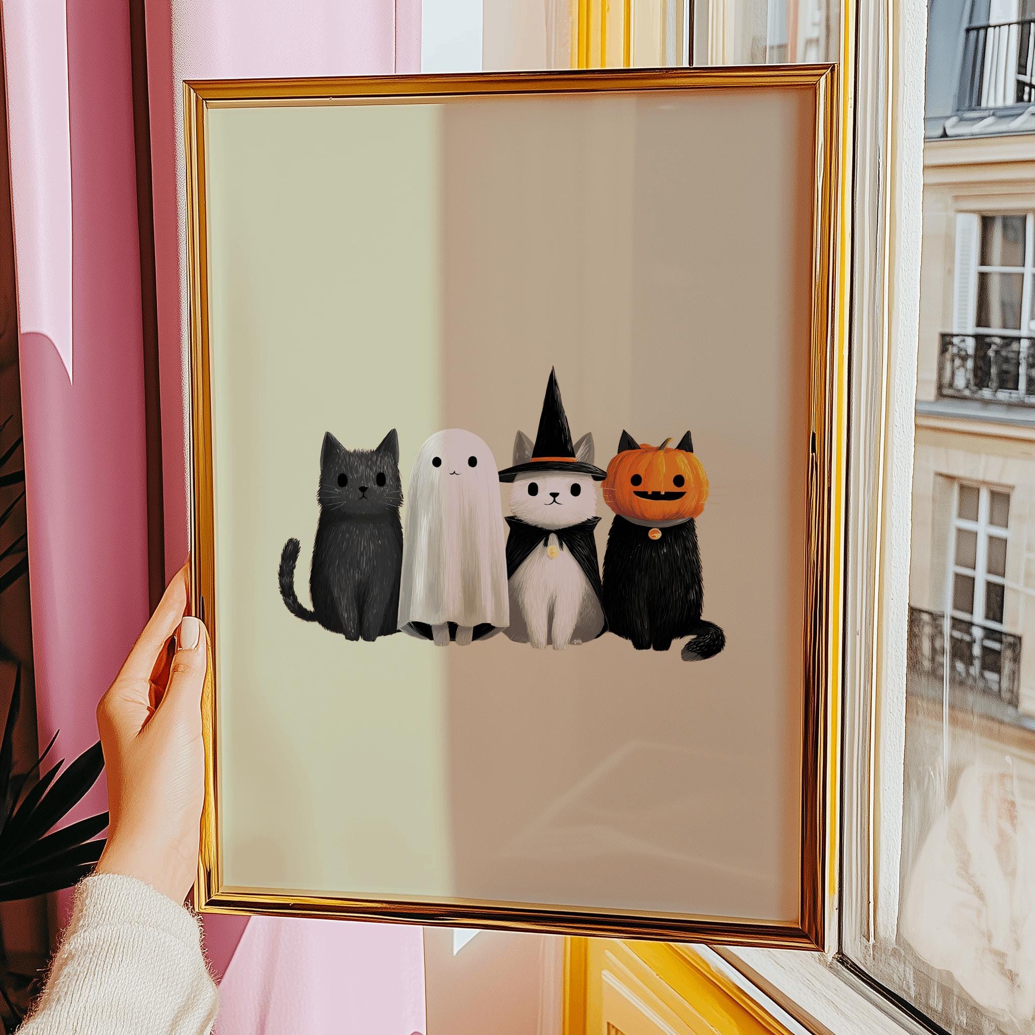 Cute Halloween Cat Print – Ghost, Witch & Pumpkin Cats (Digital Download)
