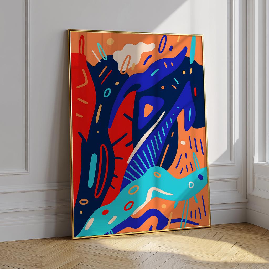 Blue & Orange Abstract Poster – Retro Wavy Line Modern Art Print | Digital Download