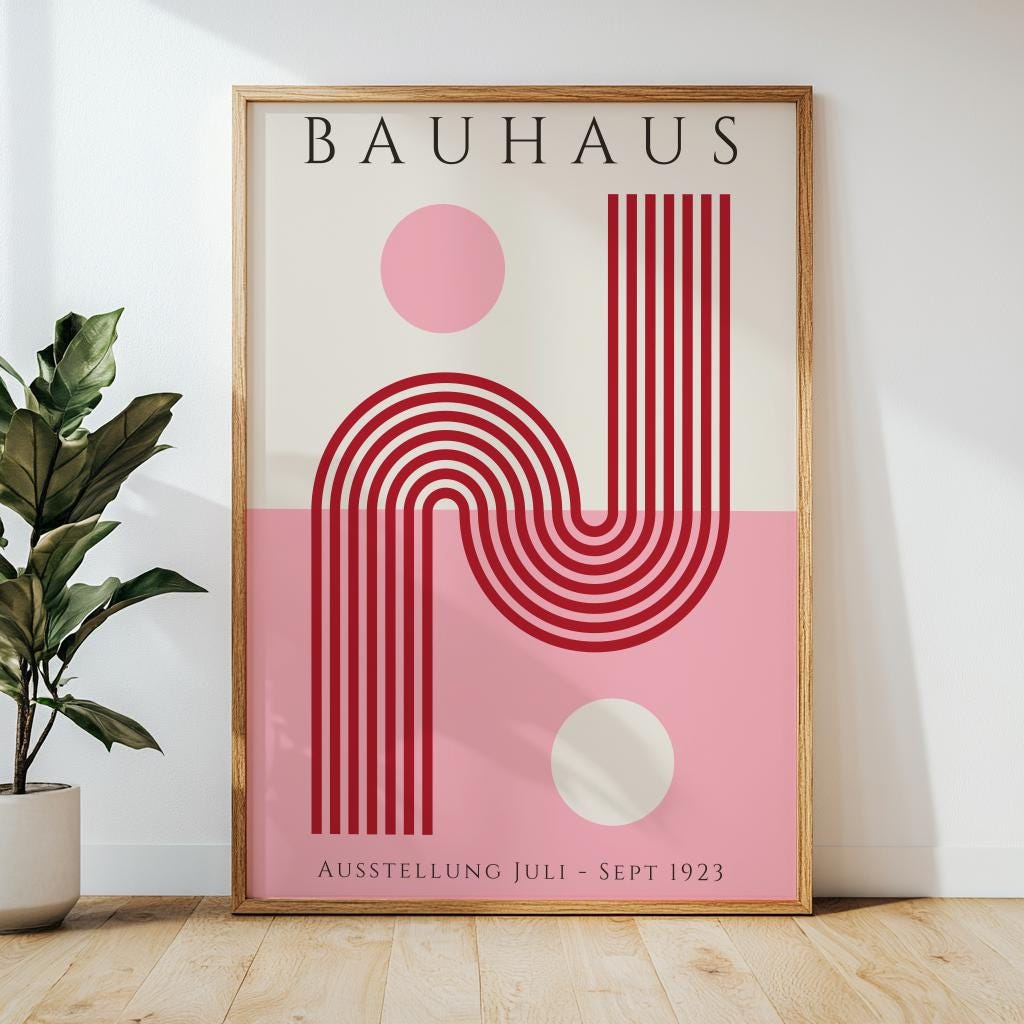 Pink Bauhaus Art Print – Retro Geometric Exhibition Poster (Digital Download)