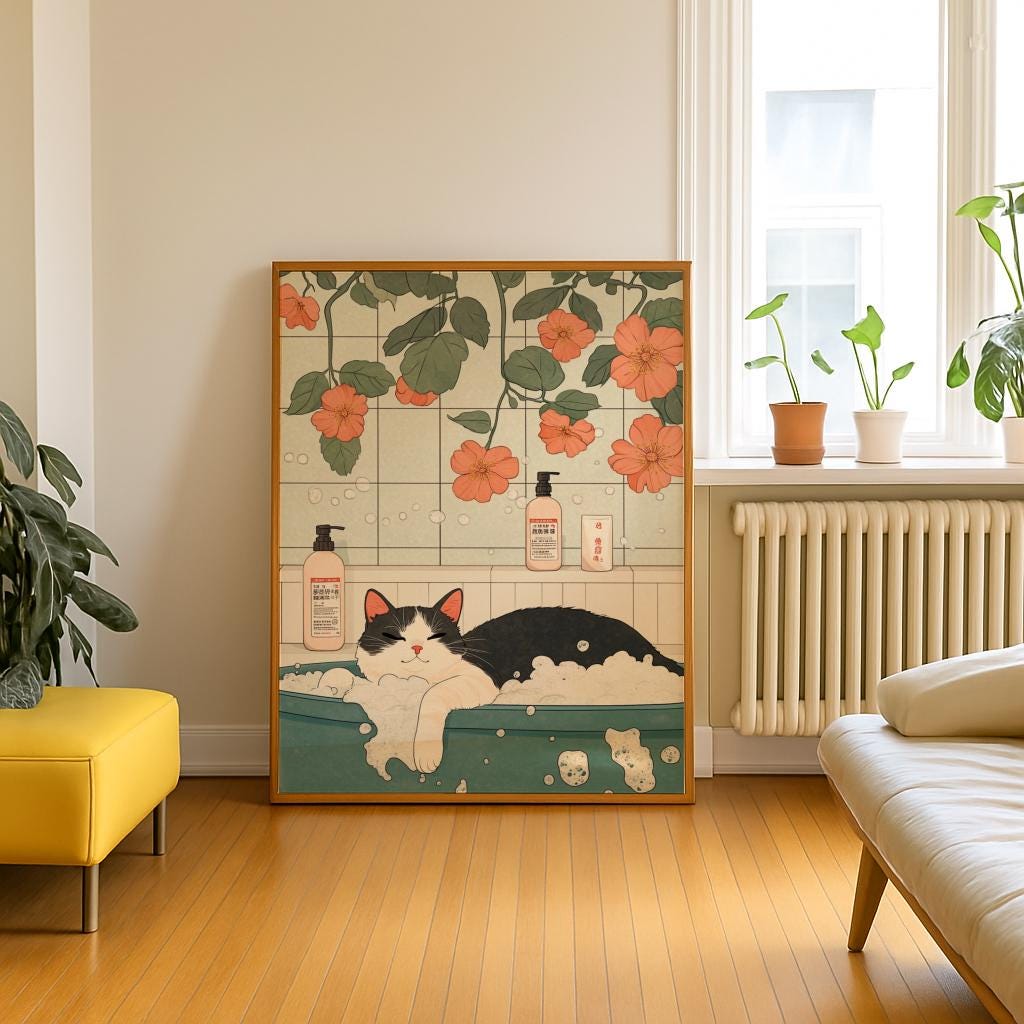 Black Cat in Bathtub Poster – Japanese Minimalist Bathroom Wall Art, Cute Retro Cat Print, Digital Download