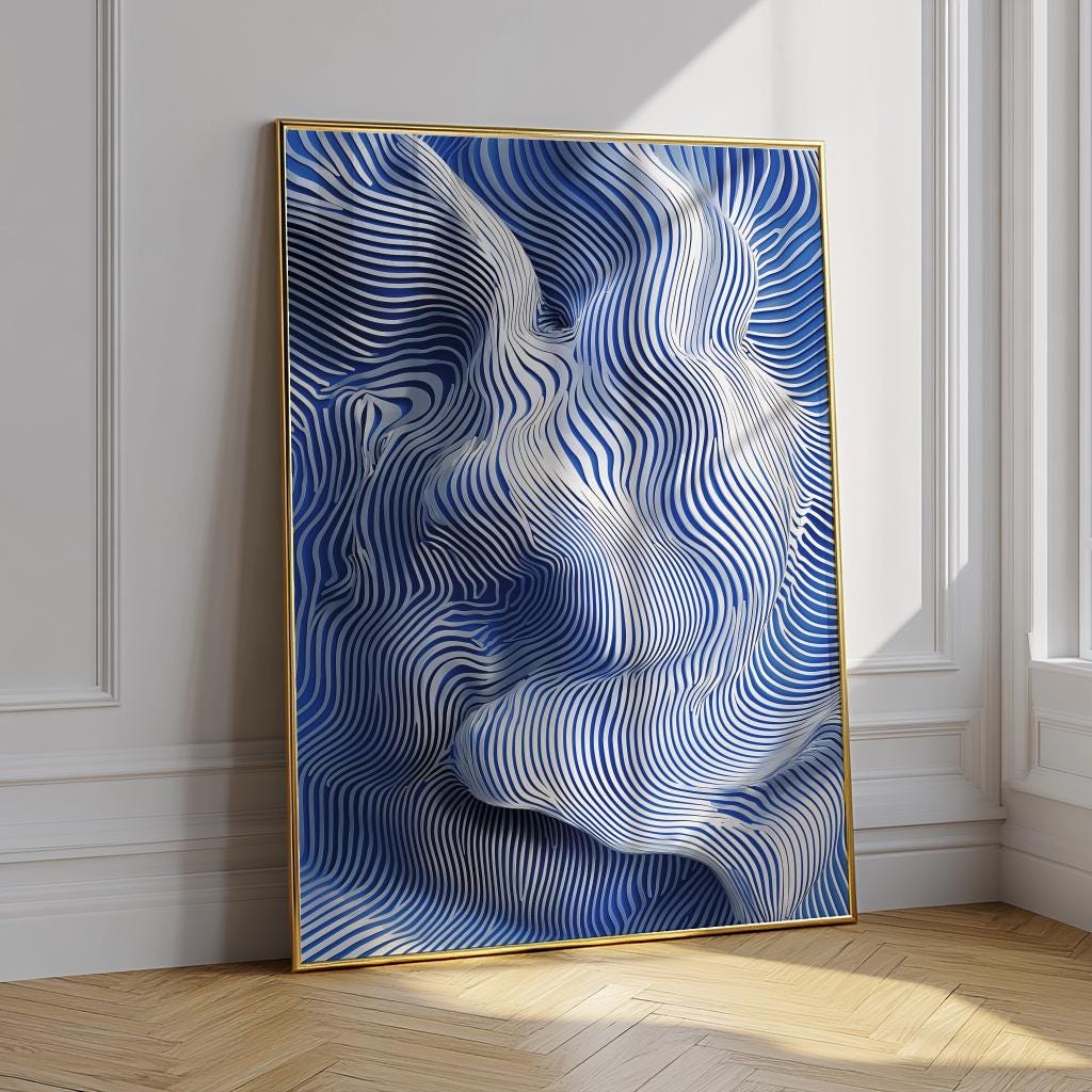 Navy Blue Abstract Line Art Print – Minimalist Fluid Pattern Wall Art (Digital Download)