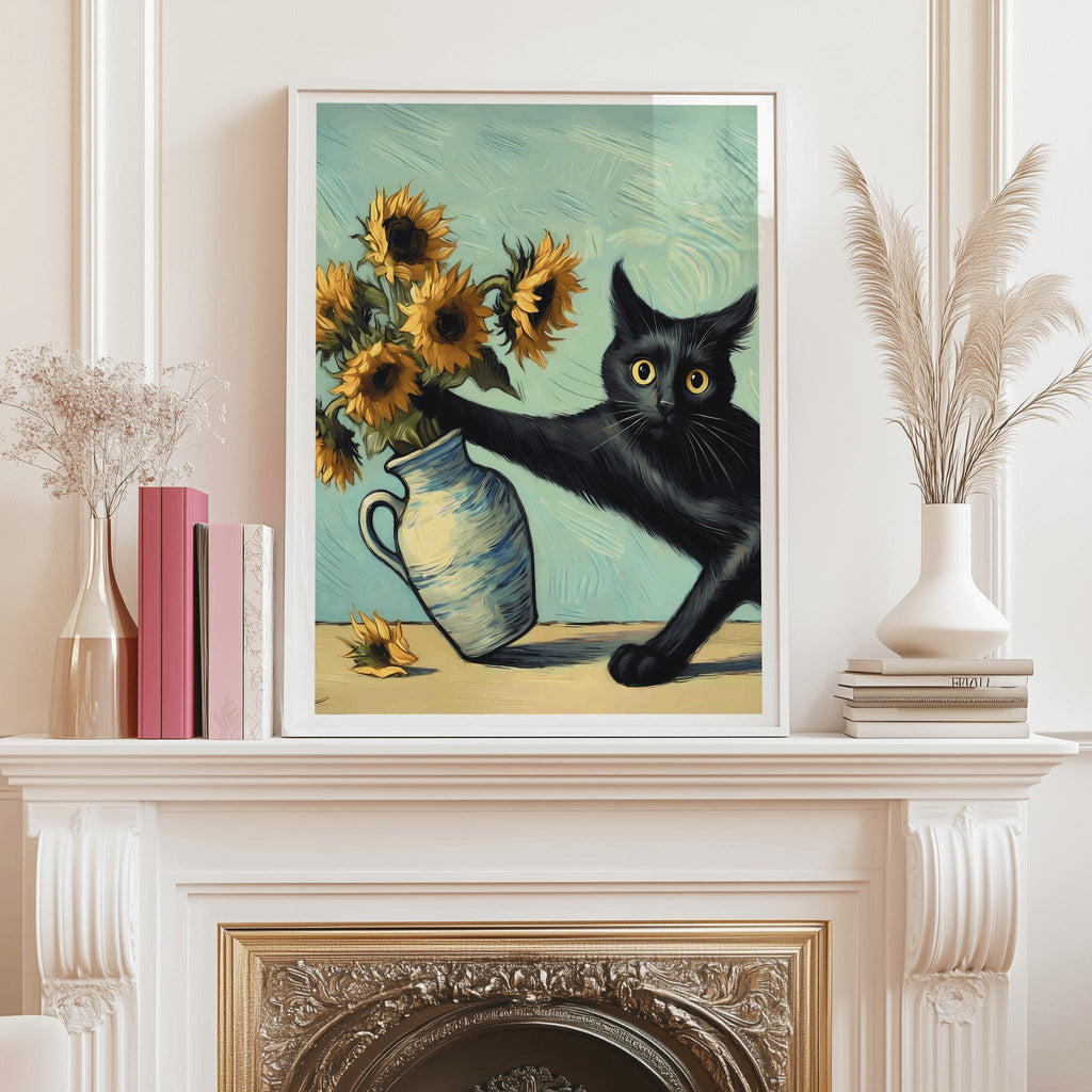 Van Gogh Cat Art Print – Funny Black Cat & Sunflowers Poster (Digital Download)