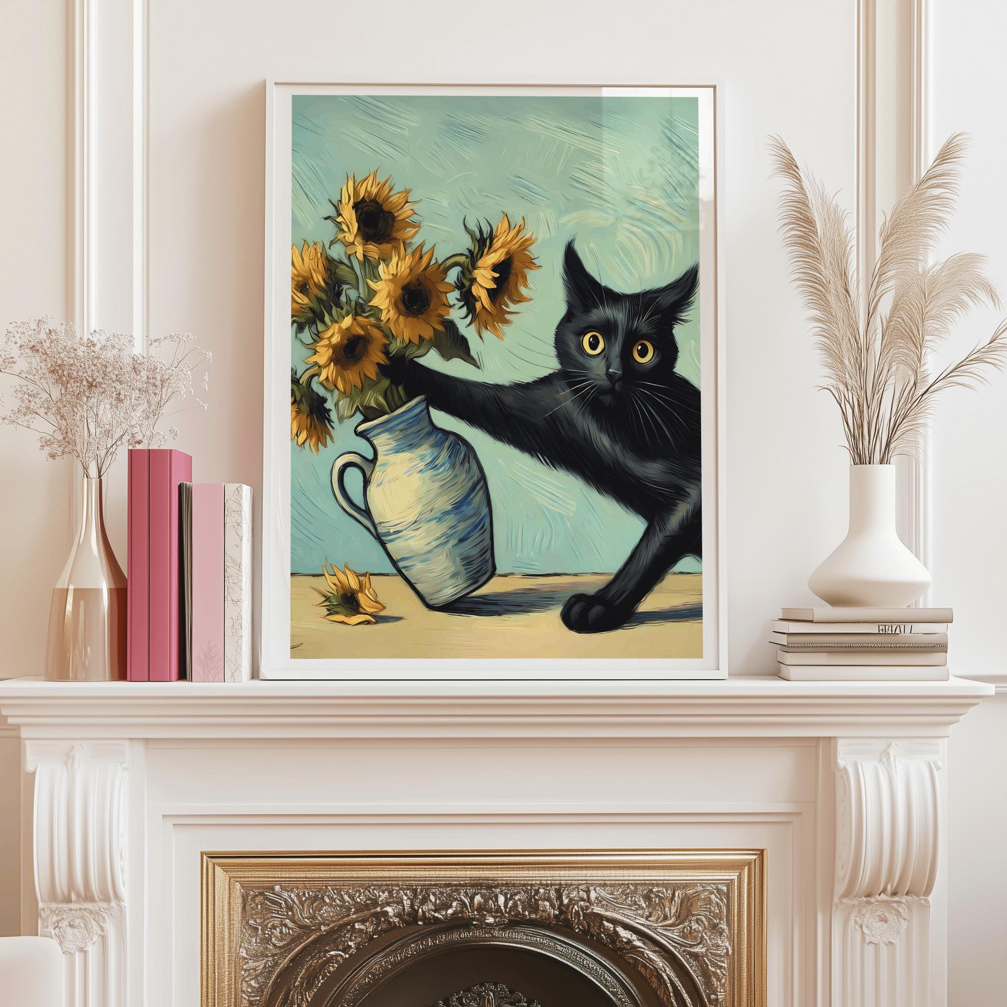 Van Gogh Cat Art Print – Funny Black Cat & Sunflowers Poster (Digital Download)