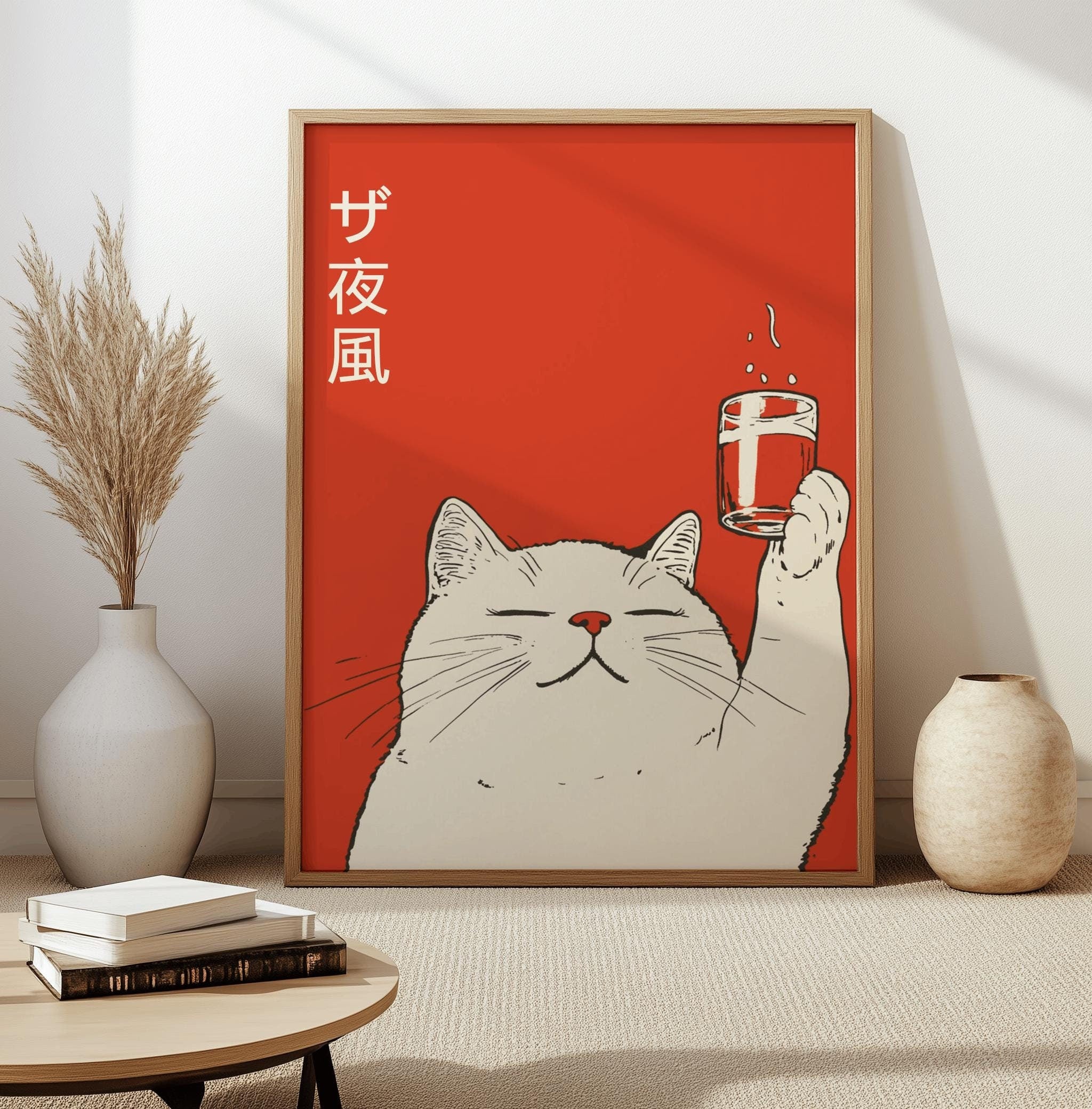 Retro Japanese Cat Bar Print – Mid-Century Modern Kitchen Wall Art (Digital Download)