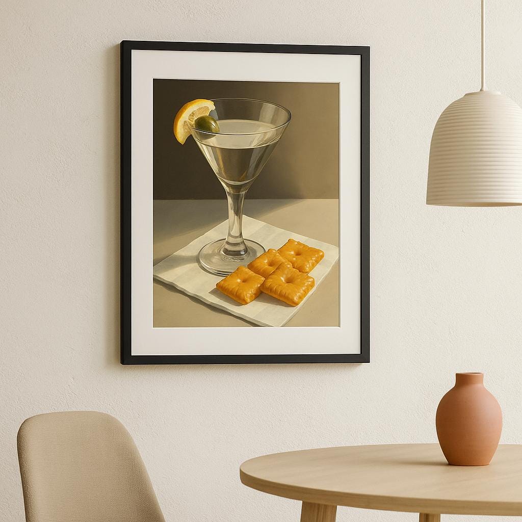 Martini & Crackers Art Print – Vintage Cocktail Bar Decor (Digital Download)