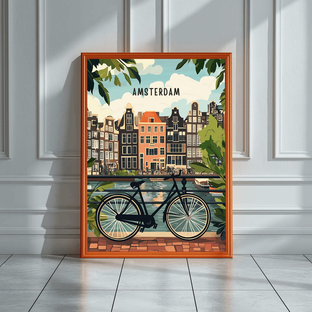 Amsterdam Travel Art Print – Netherlands Canal & Bicycle Poster (Digital Download)