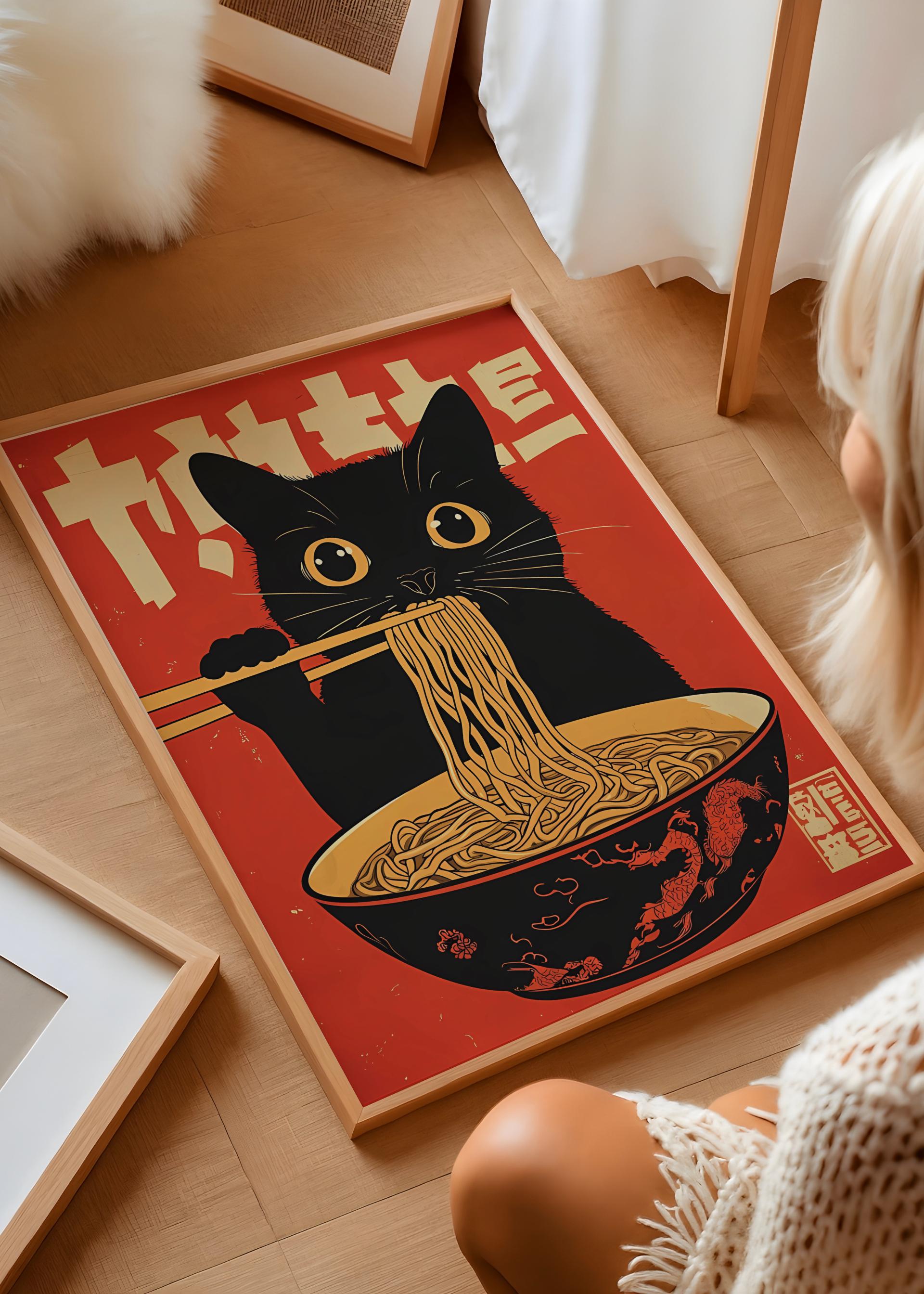 Vintage Cat Ramen Poster – Japanese Noodle Bowl Wall Art, Retro Kitchen Print (Digital Download)