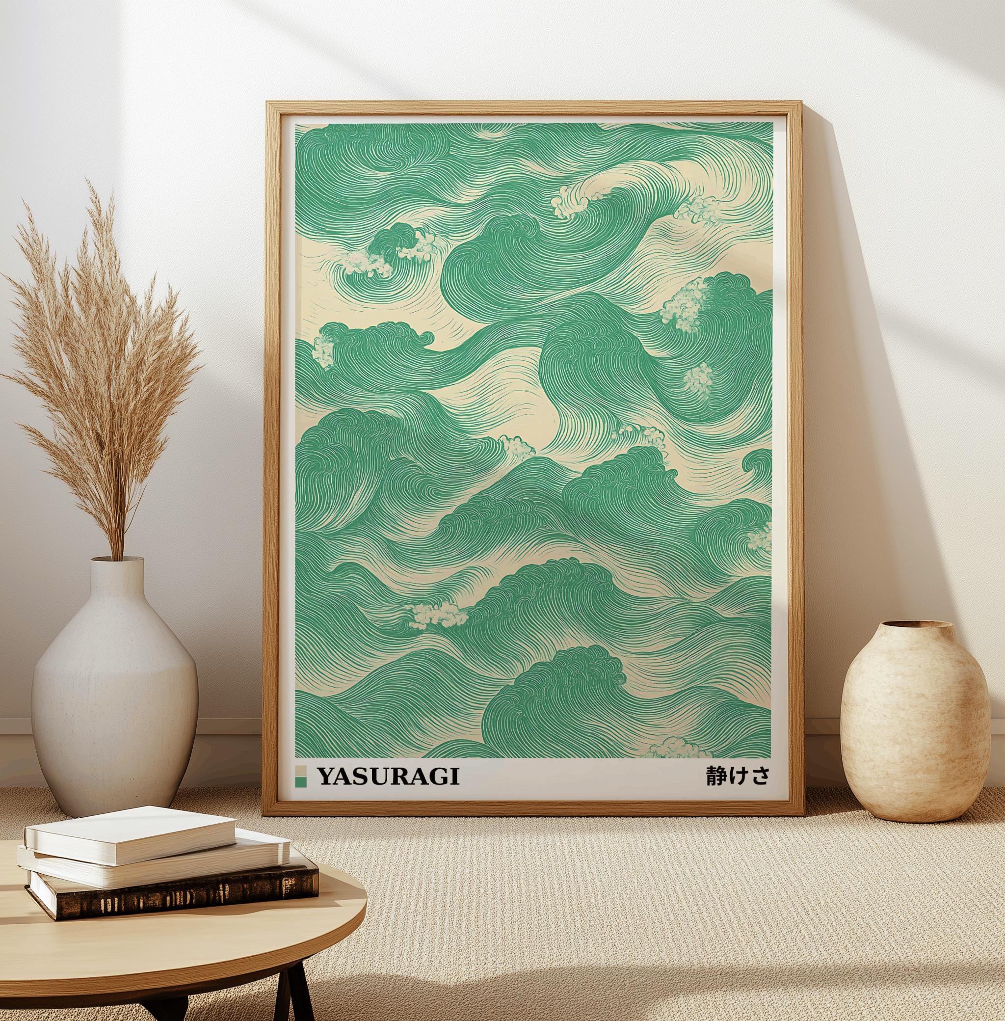 Green Japandi Waves Art Print – Japanese Wabi Sabi Wall Art (Digital Download)