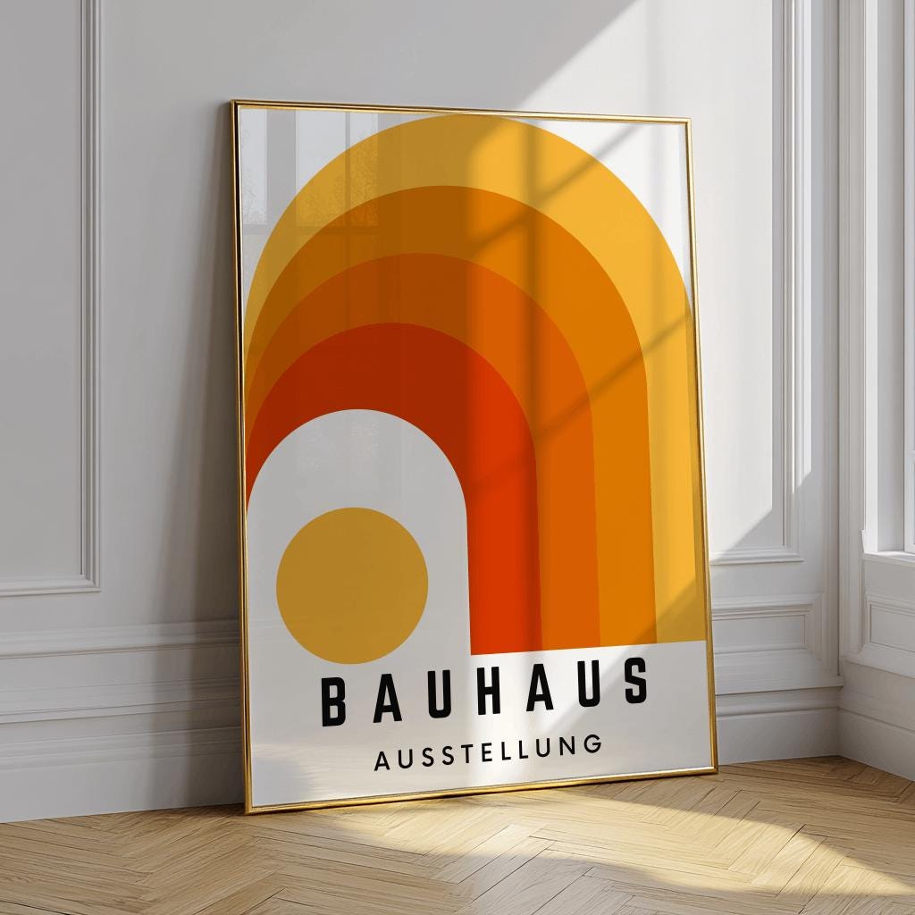 Orange Bauhaus Exhibition Poster – Mid-Century Modern Geometric Wall Art (Digital Download)