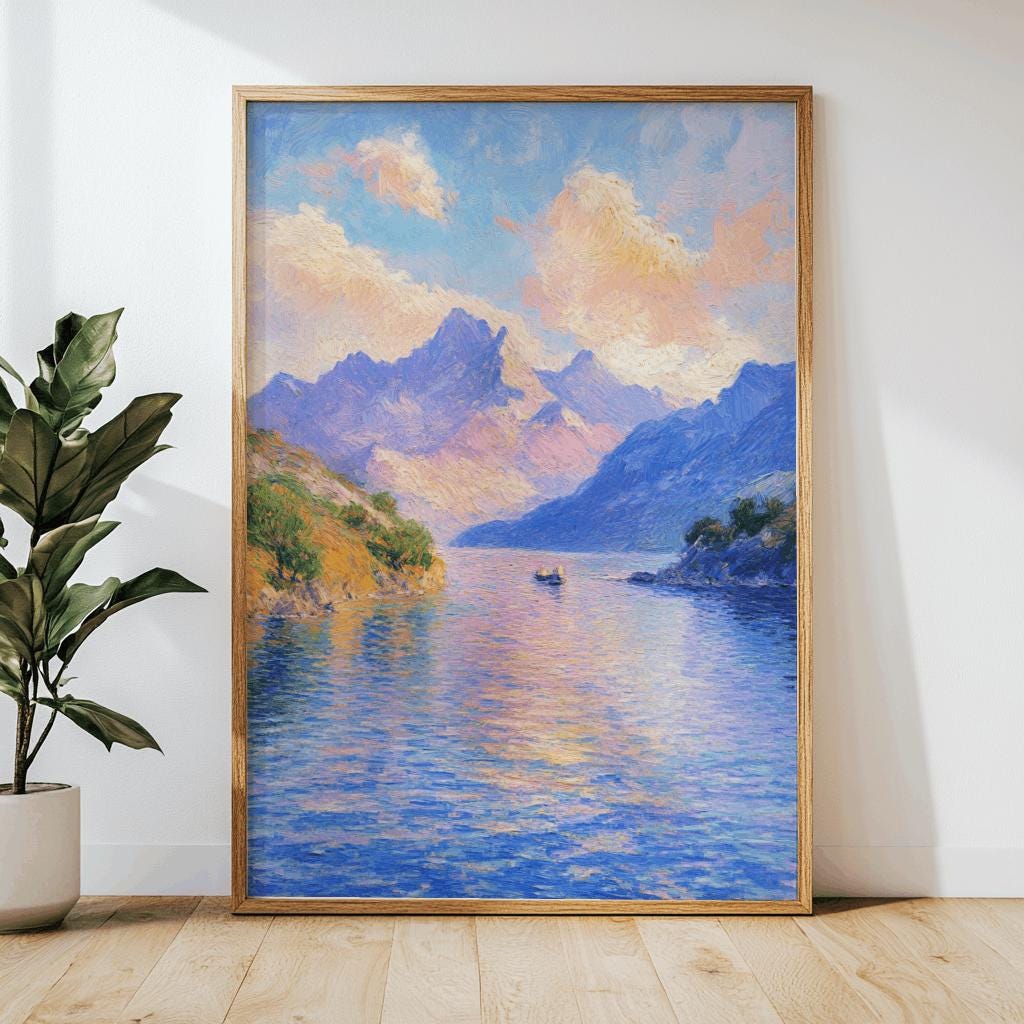 Impressionist Lake & Mountain Poster – Monet-Inspired Landscape Art | Digital Download