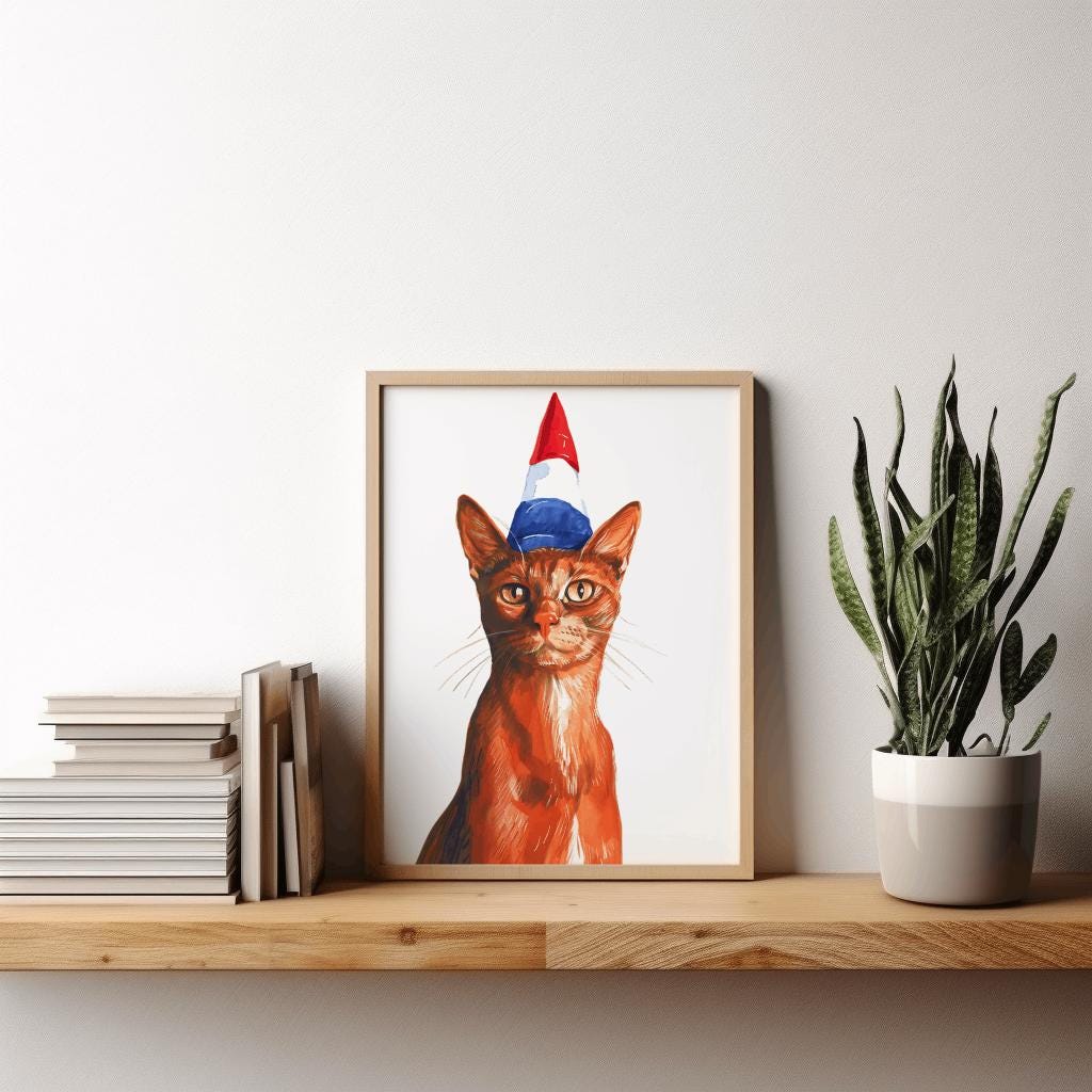 Patriotic Cat Poster – Red White Blue Hat, Americana Pet Art (Digital Download)