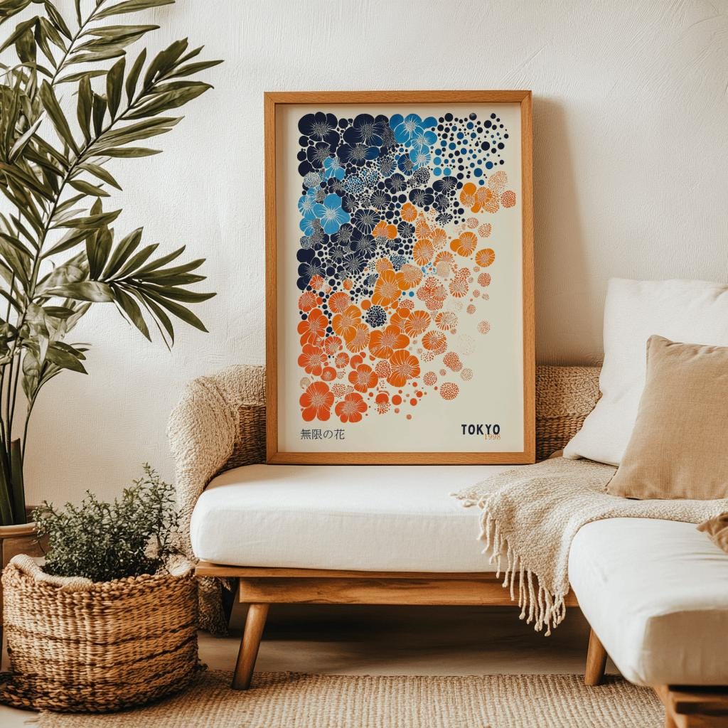 Japanese Floral Poster – Blue & Orange Abstract Tokyo Art (Digital Download)