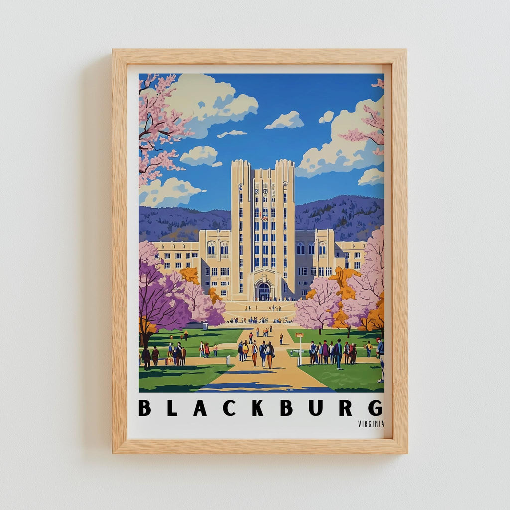 Virginia Tech Campus Art Print – Blacksburg Virginia Travel Poster (Digital Download)