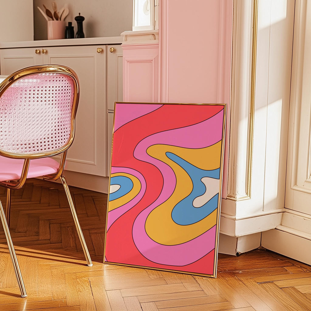 Retro Pink Wave Poster – 70s Colorful Abstract Wall Art | Digital Download