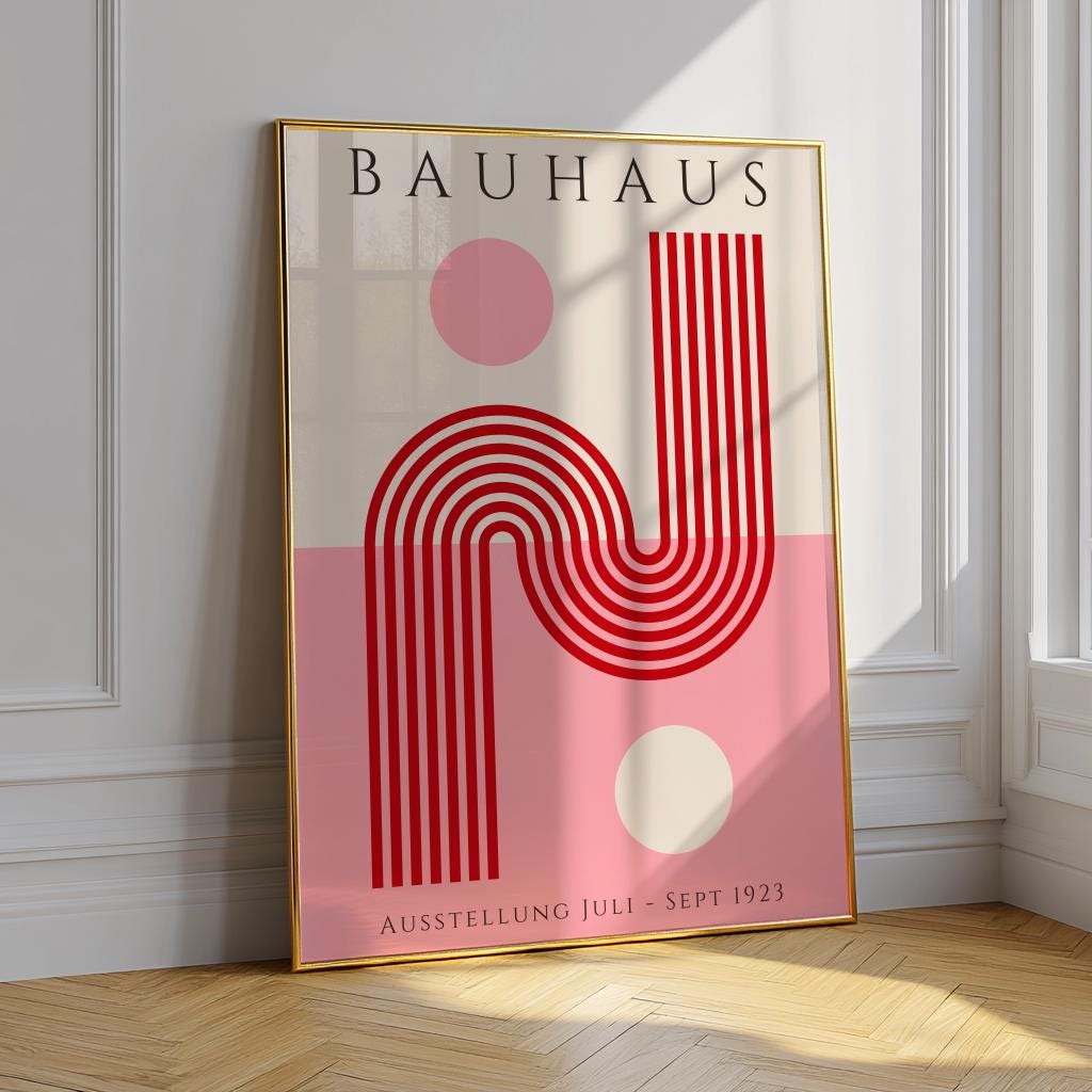 Pink Bauhaus Art Print – Retro Geometric Exhibition Poster (Digital Download)