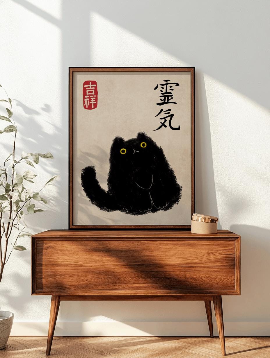 Black Cat Japanese Art Print – Cute Vintage Woodblock Style Poster (Digital Download)