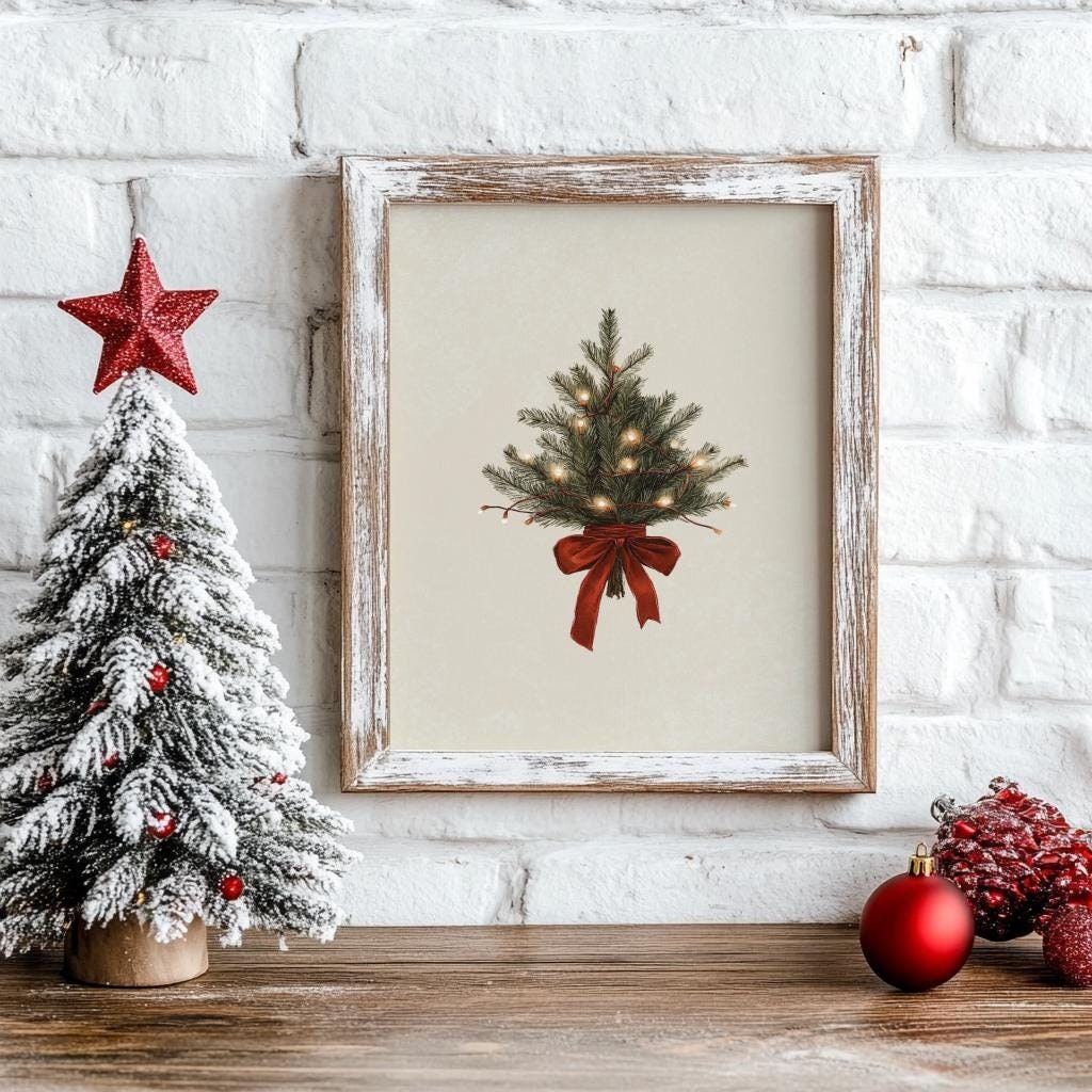 Vintage Christmas Tree Print – Neutral Rustic Holiday Wall Art (Digital Download)