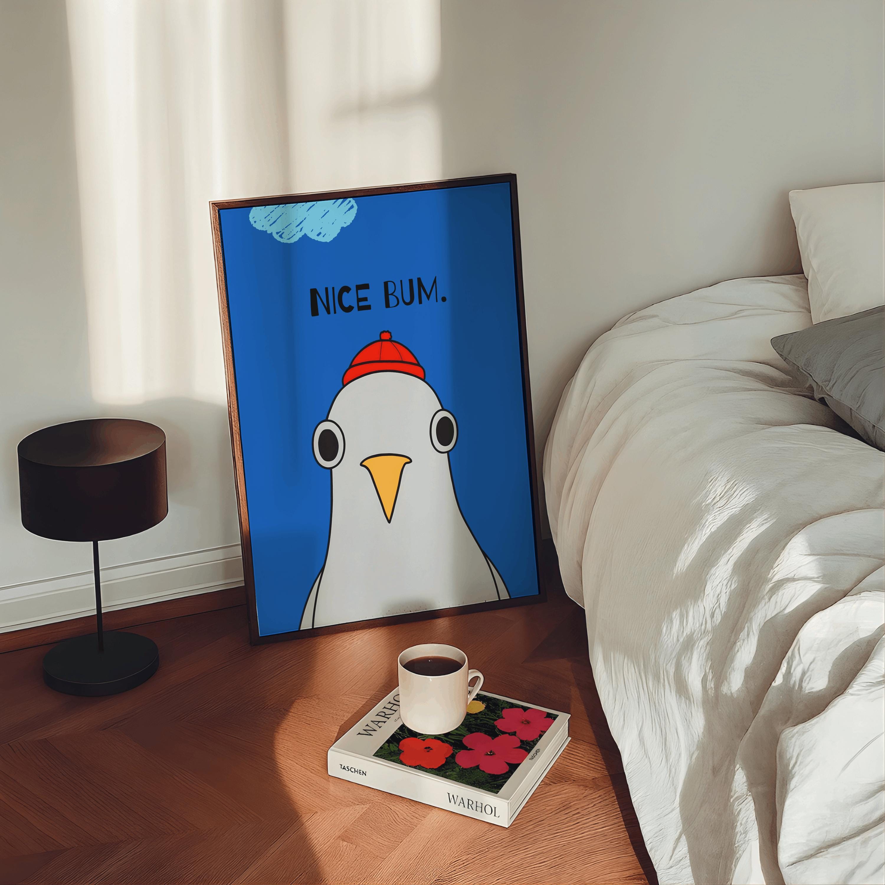 Nice Bum Seagull Poster – Funny Bathroom Wall Art, Blue Bird Print, Modern Typography Decor (Digital Download)