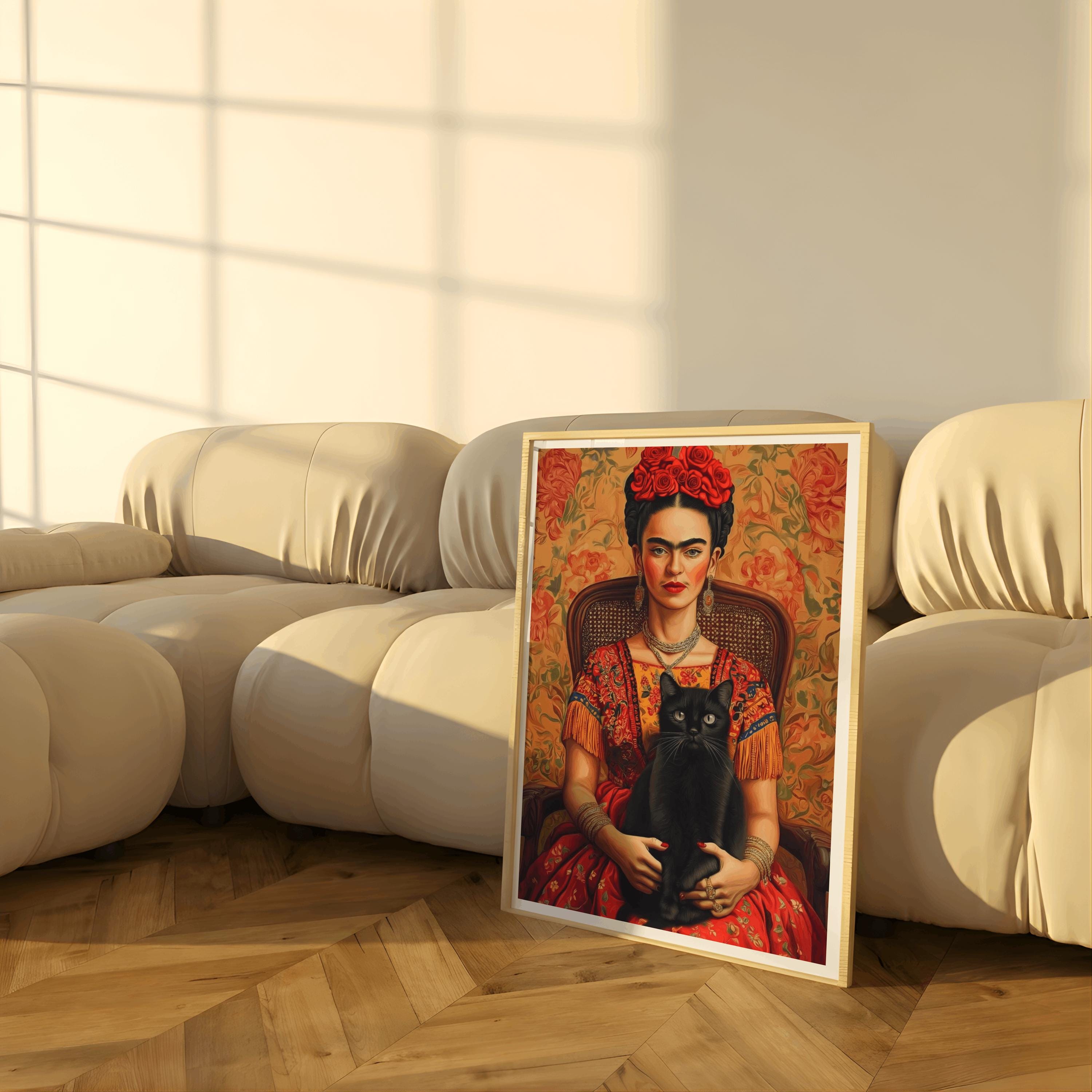 Frida Kahlo Poster – Mexican Feminist Art Print with Black Cat, Vintage Portrait Wall Art, Digital Download
