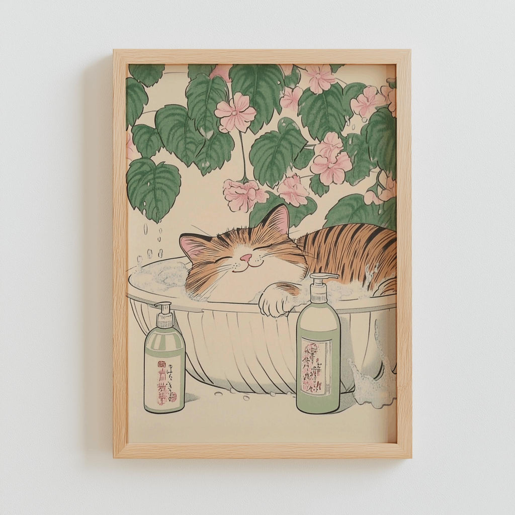 Japanese Cat Bath Poster – Cute Tabby in Bathtub Art Print | Digital Download