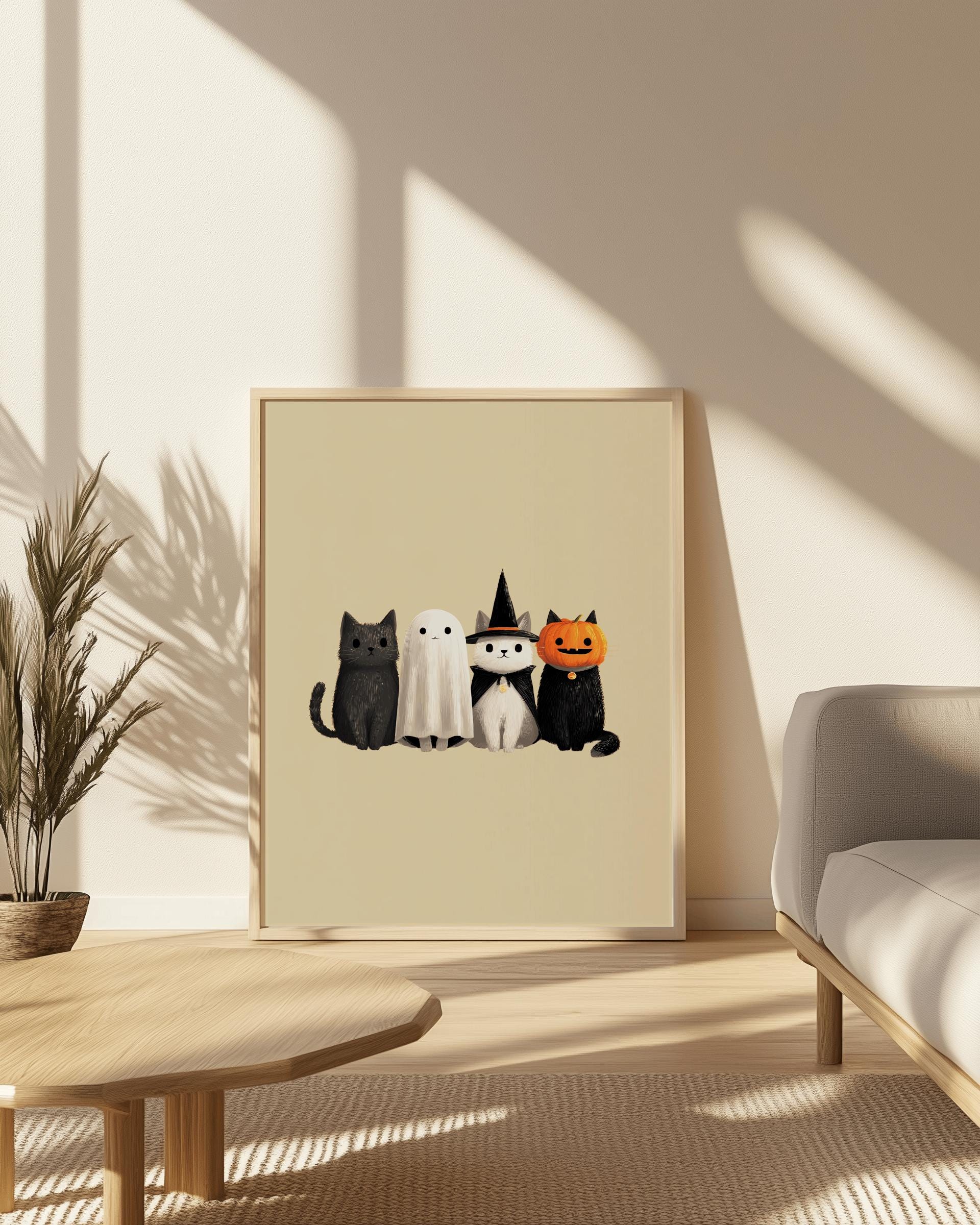 Cute Halloween Cat Print – Ghost, Witch & Pumpkin Cats (Digital Download)