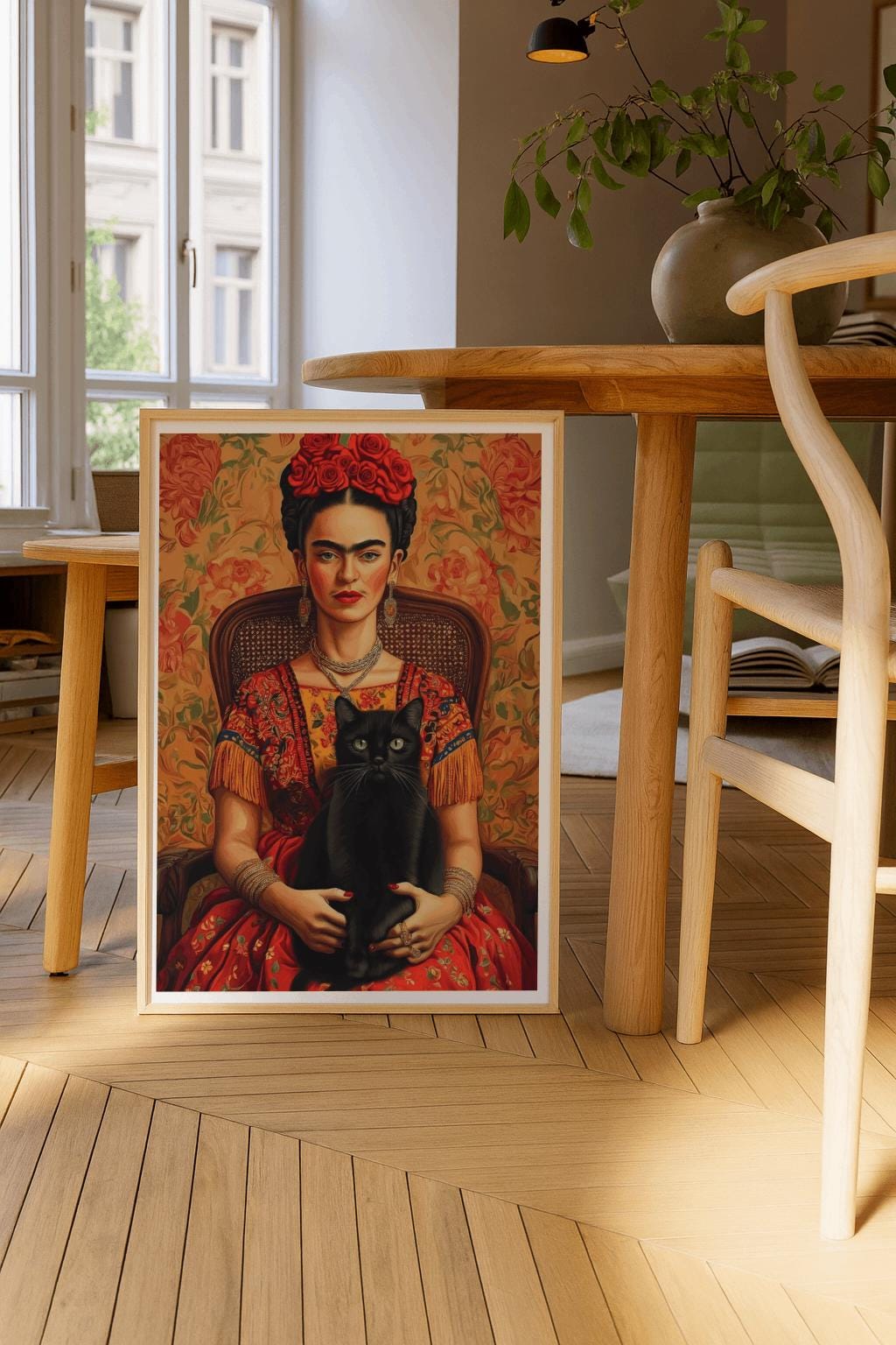 Frida Kahlo Poster – Mexican Feminist Art Print with Black Cat, Vintage Portrait Wall Art, Digital Download