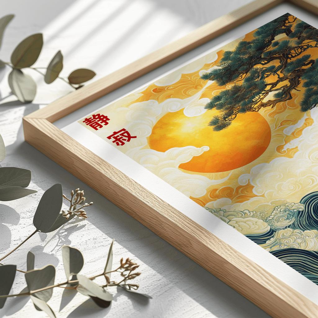 Japanese Abstract Landscape Print – Japandi Sun & Waves Wall Art (Digital Download)