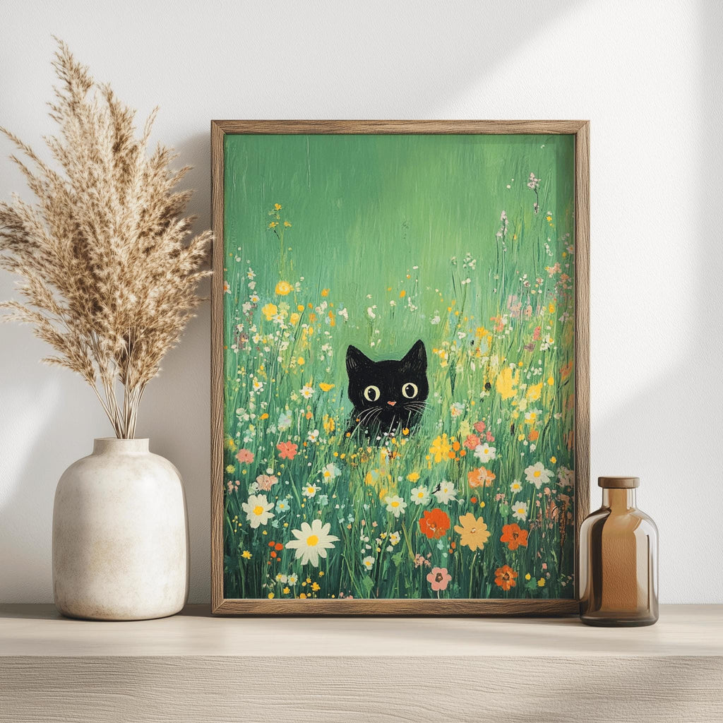 Black Cat in Flower Meadow – Whimsical Garden Art Print (Digital Download)