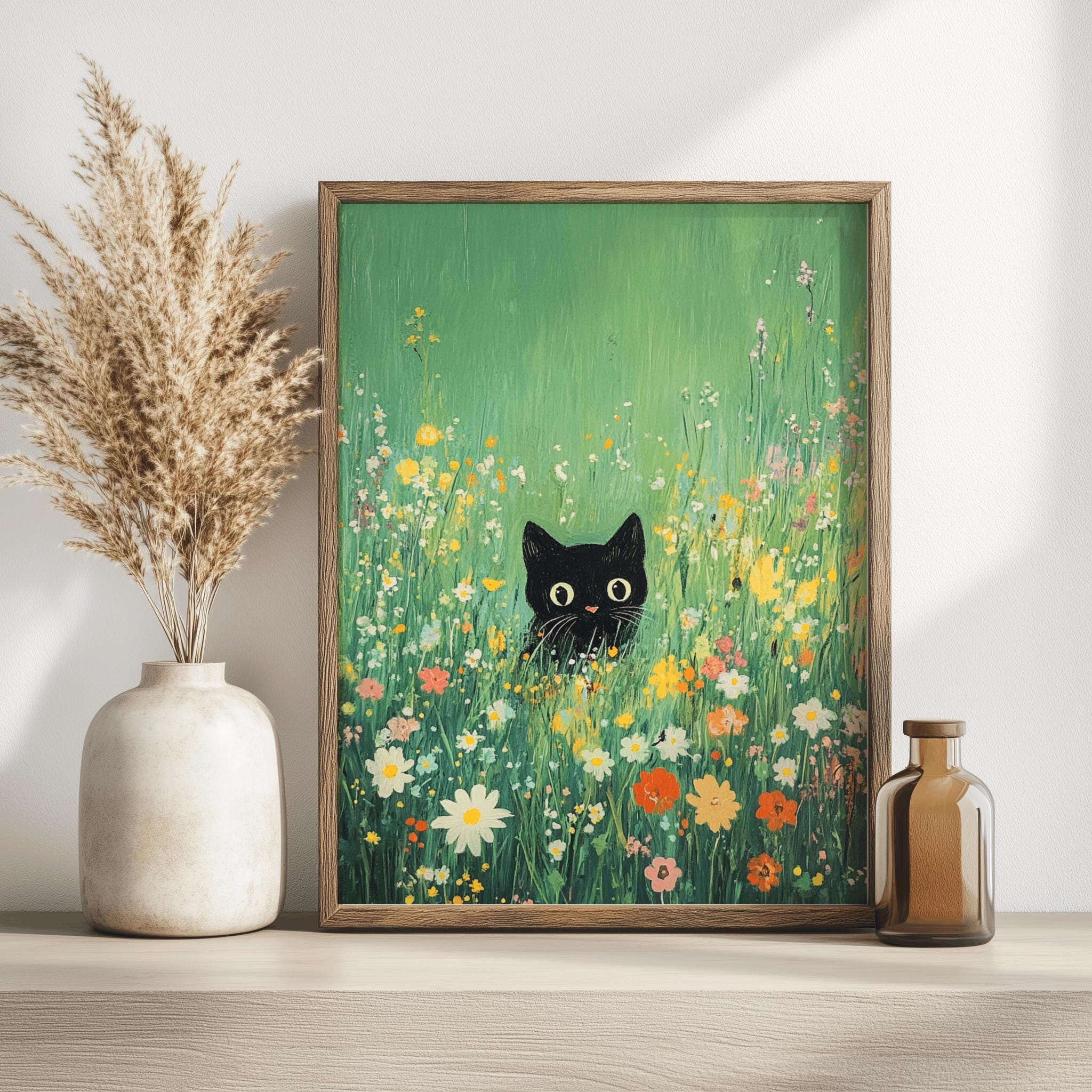 Black Cat in Flower Meadow – Whimsical Garden Art Print (Digital Download)