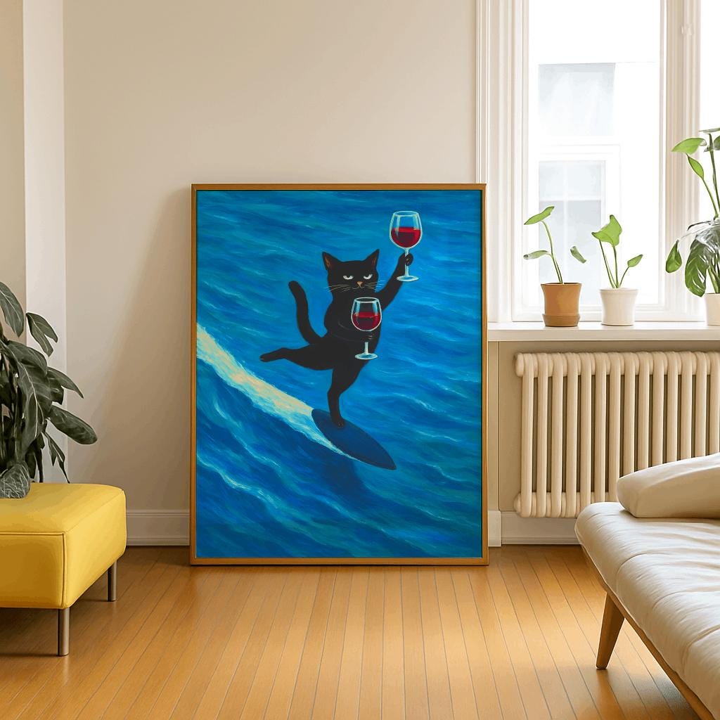 Funny Black Cat Surfing with Wine Poster – Whimsical Wall Art, Retro Bar Cart Decor (Digital Download)