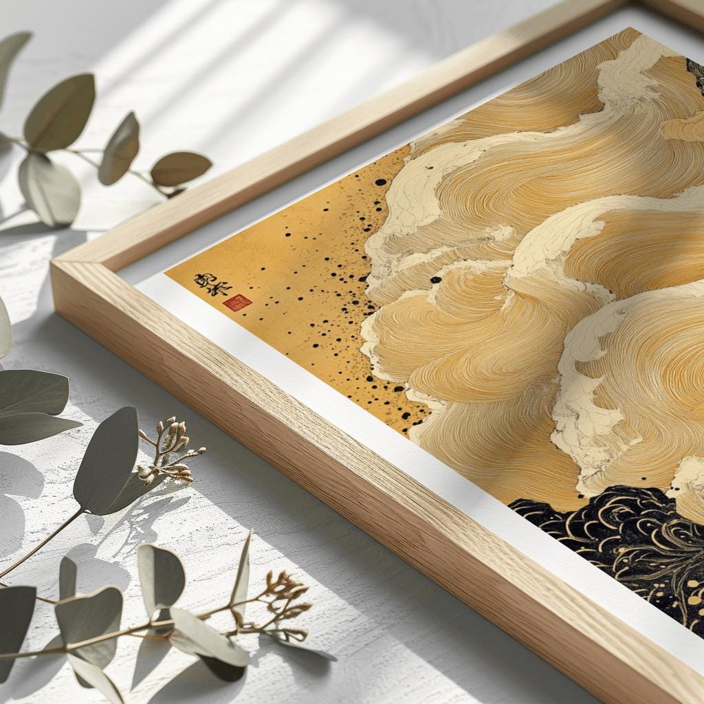 The Great Wave Poster, Hokusai Wall Art in Yellow Tones, Japanese Print Decor, Japandi Style Artwork, Download Poster