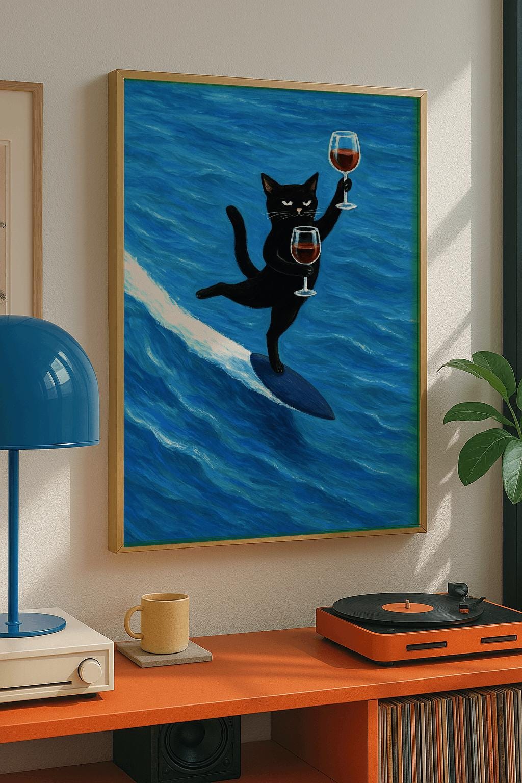 Funny Black Cat Surfing with Wine Poster – Whimsical Wall Art, Retro Bar Cart Decor (Digital Download)