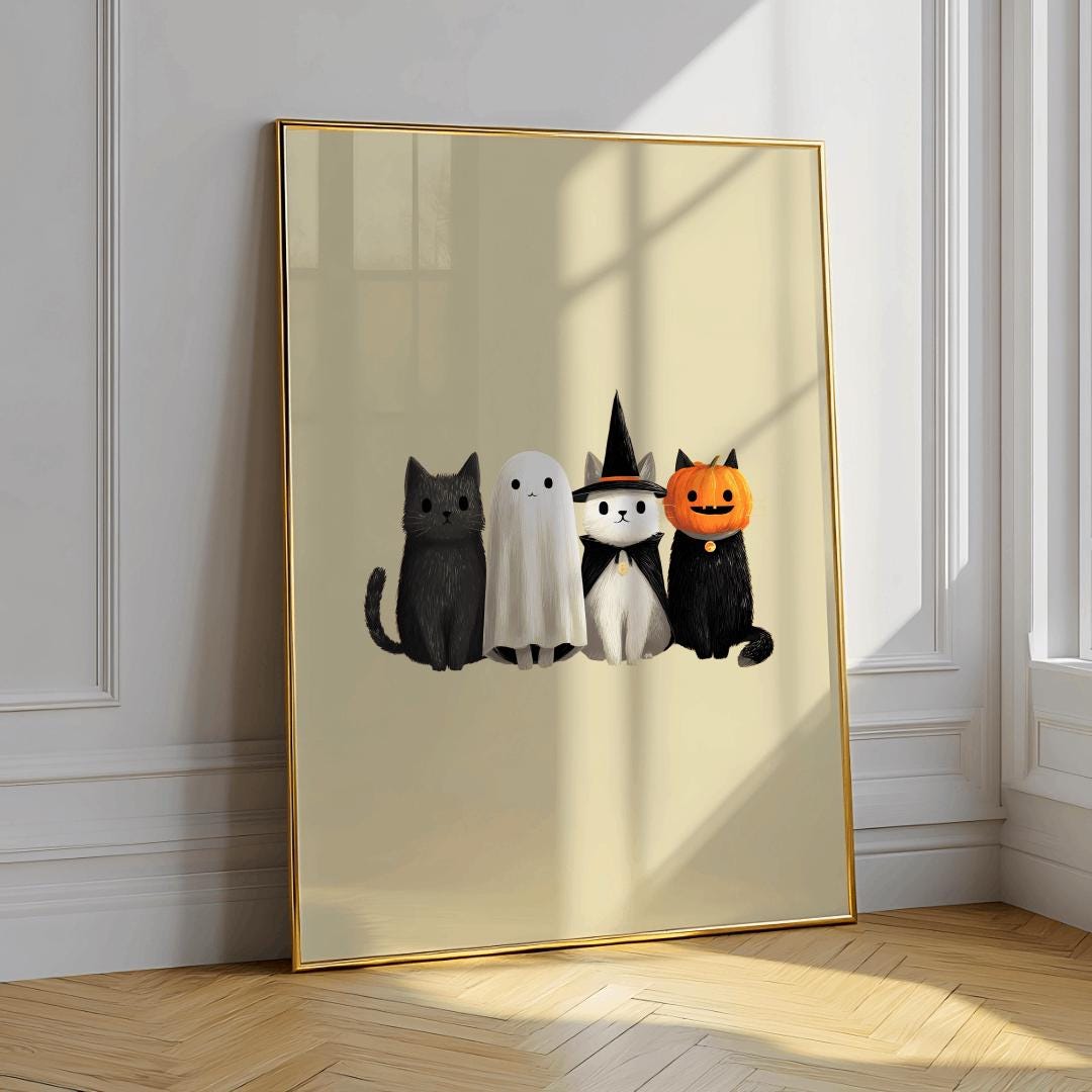 Cute Halloween Cat Print – Ghost, Witch & Pumpkin Cats (Digital Download)