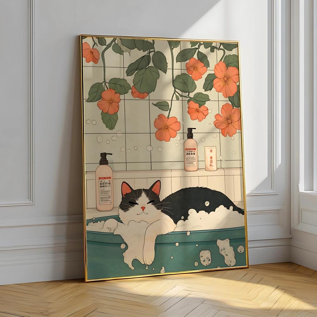 Black Cat in Bathtub Poster – Japanese Minimalist Bathroom Wall Art, Cute Retro Cat Print, Digital Download