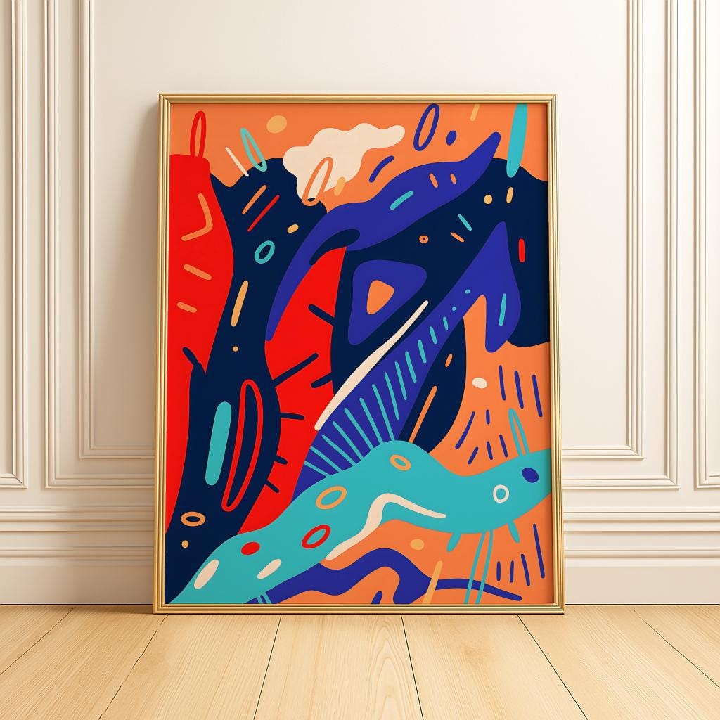 Blue & Orange Abstract Poster – Retro Wavy Line Modern Art Print | Digital Download