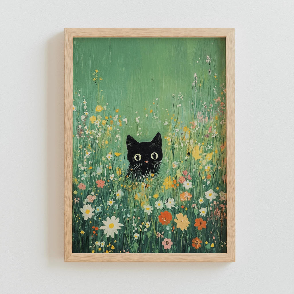 Black Cat in Flower Meadow – Whimsical Garden Art Print (Digital Download)