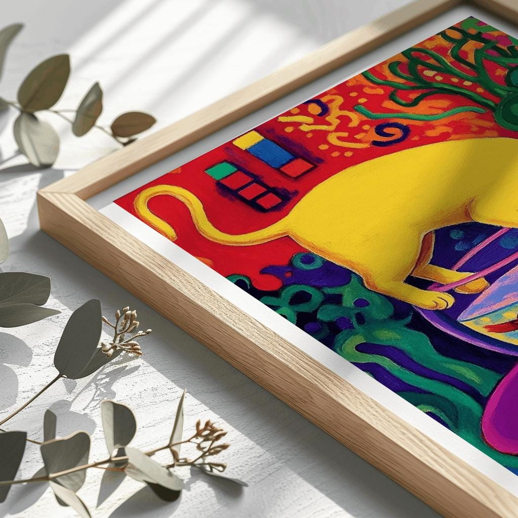 Matisse-Inspired Cat & Goldfish Art Print – Colorful Fauvist Poster (Digital Download)