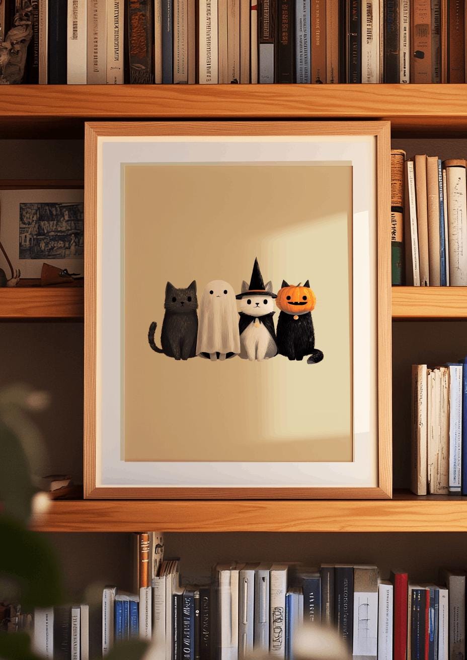 Cute Halloween Cat Print – Ghost, Witch & Pumpkin Cats (Digital Download)