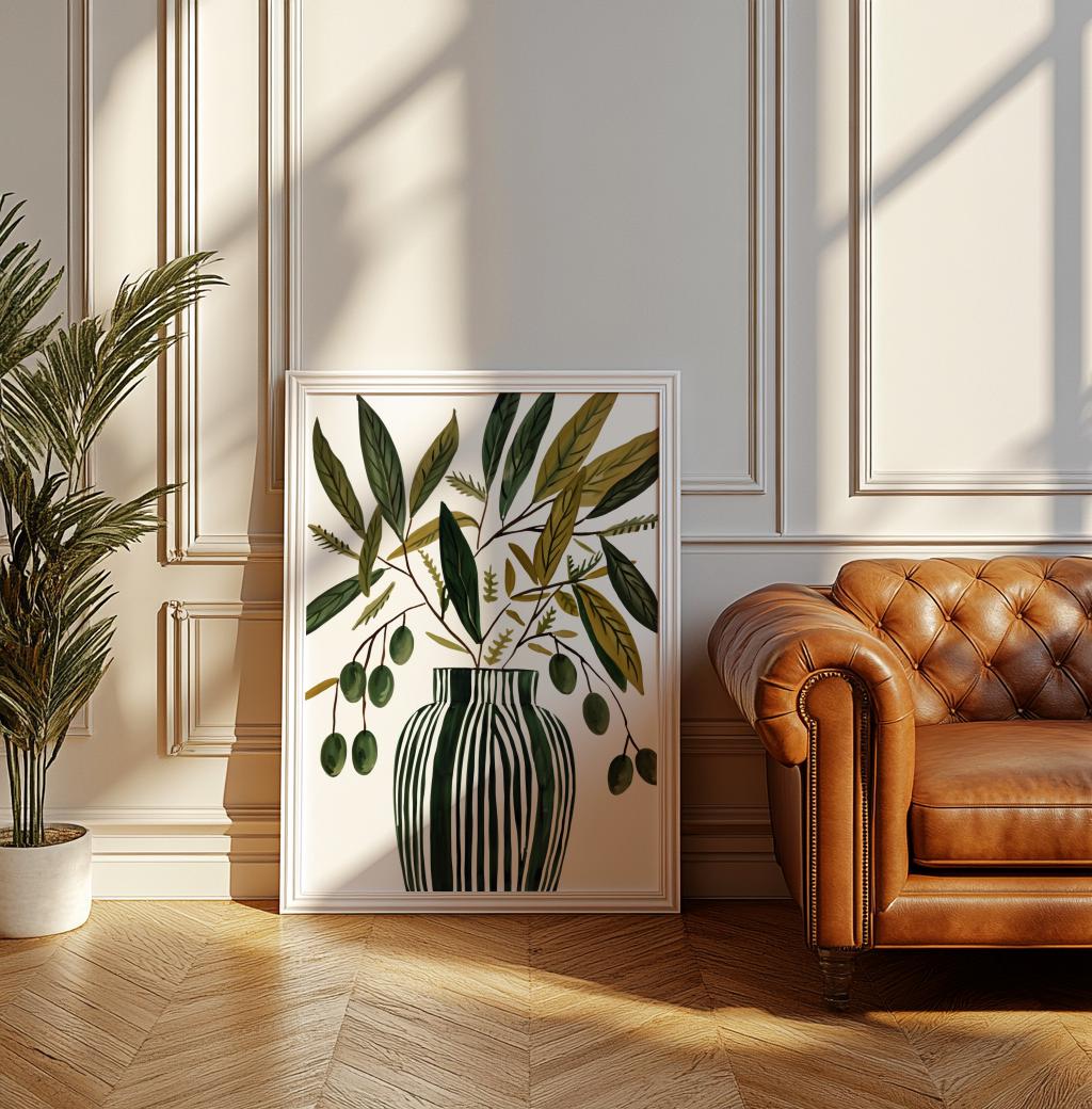 Scandinavian Olive Vase Art Print – Minimal Botanical Still Life Poster (Digital Download)
