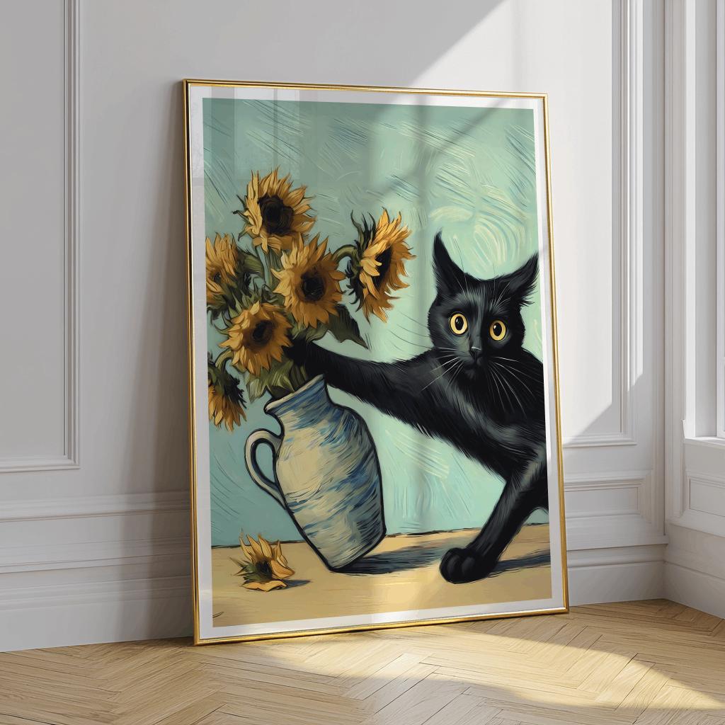 Van Gogh Cat Art Print – Funny Black Cat & Sunflowers Poster (Digital Download)