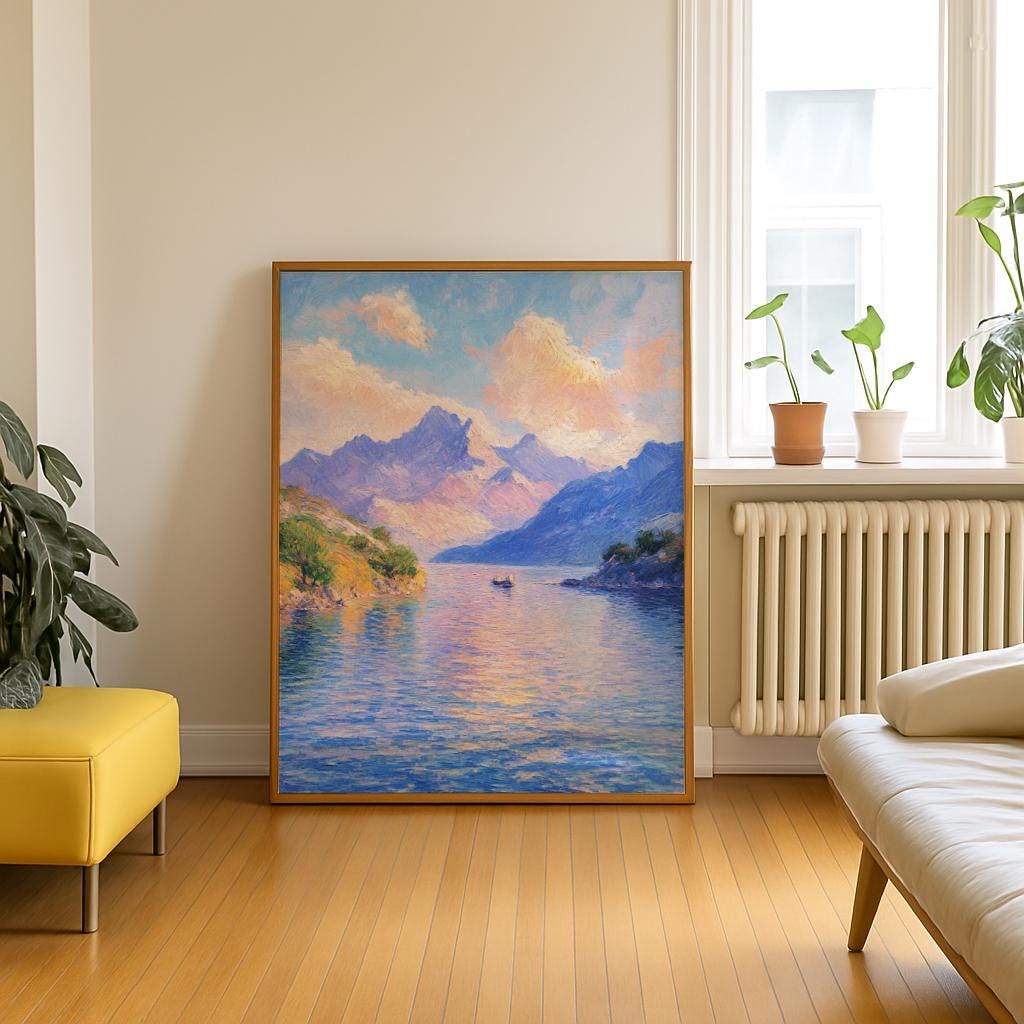 Impressionist Lake & Mountain Poster – Monet-Inspired Landscape Art | Digital Download