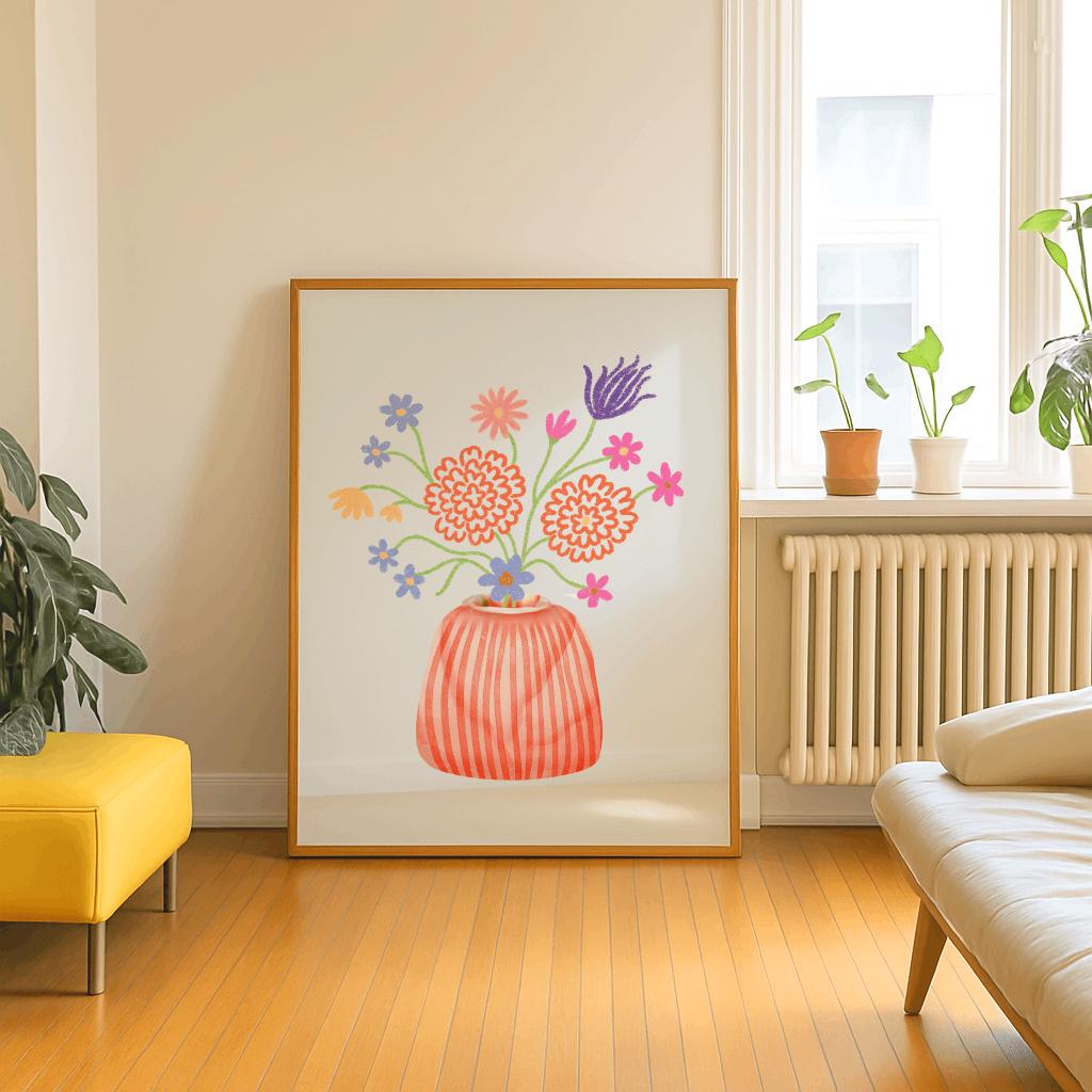 Danish Pastel Flower Vase Poster – Cute Retro Floral Art Print (Digital Download)