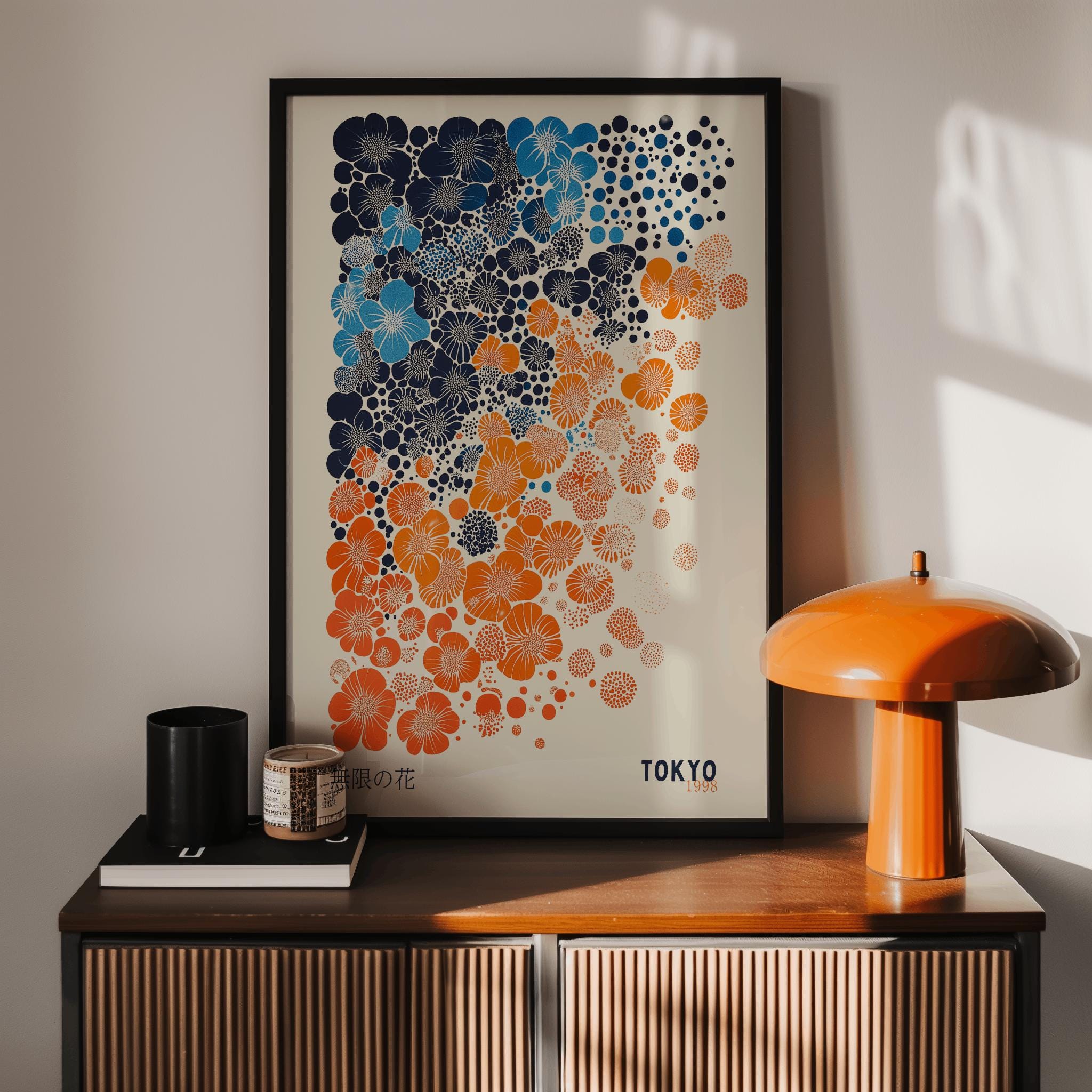 Japanese Floral Poster – Blue & Orange Abstract Tokyo Art (Digital Download)