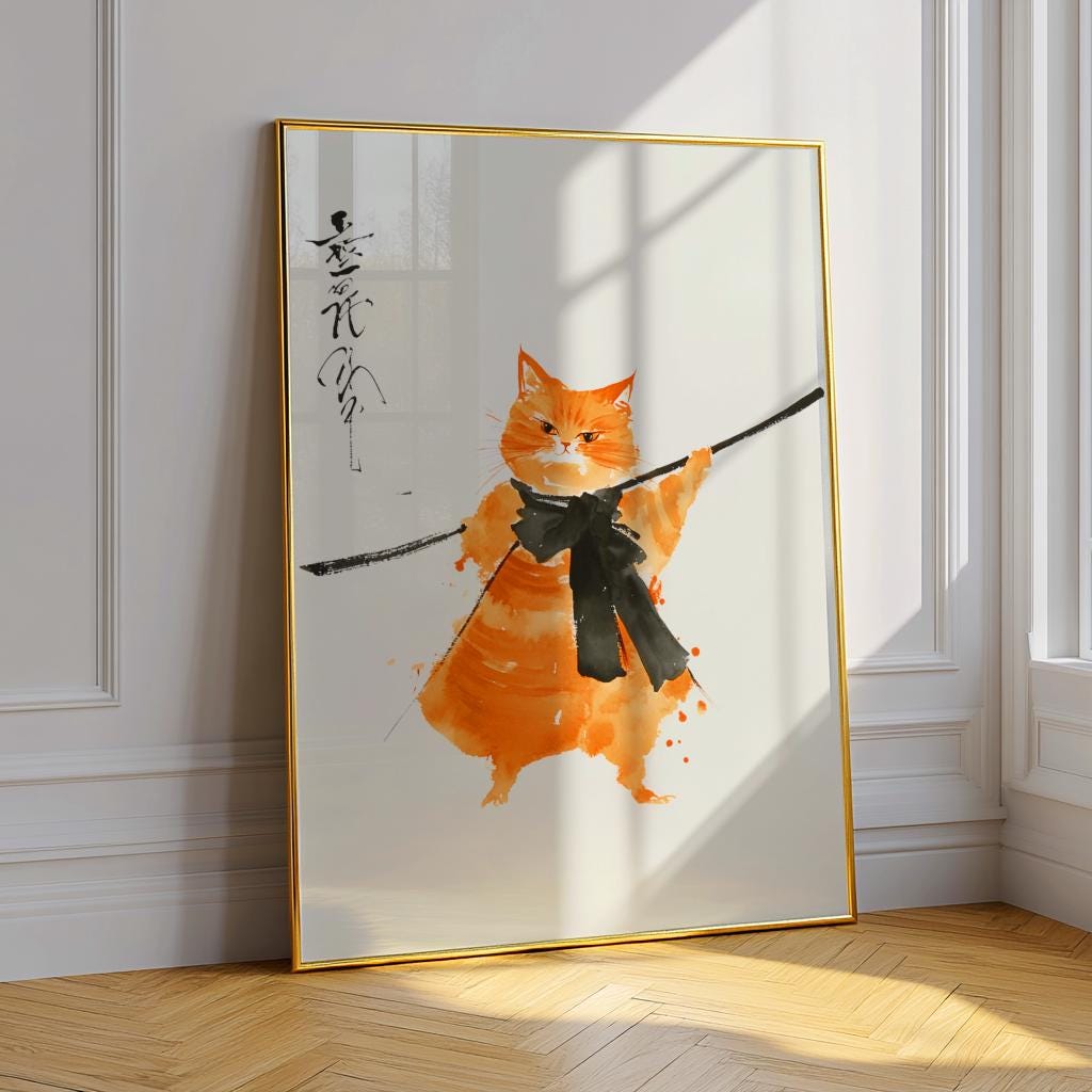 Japanese Samurai Cat Poster – Orange Watercolor Sumi-e Art Print (Digital Download)