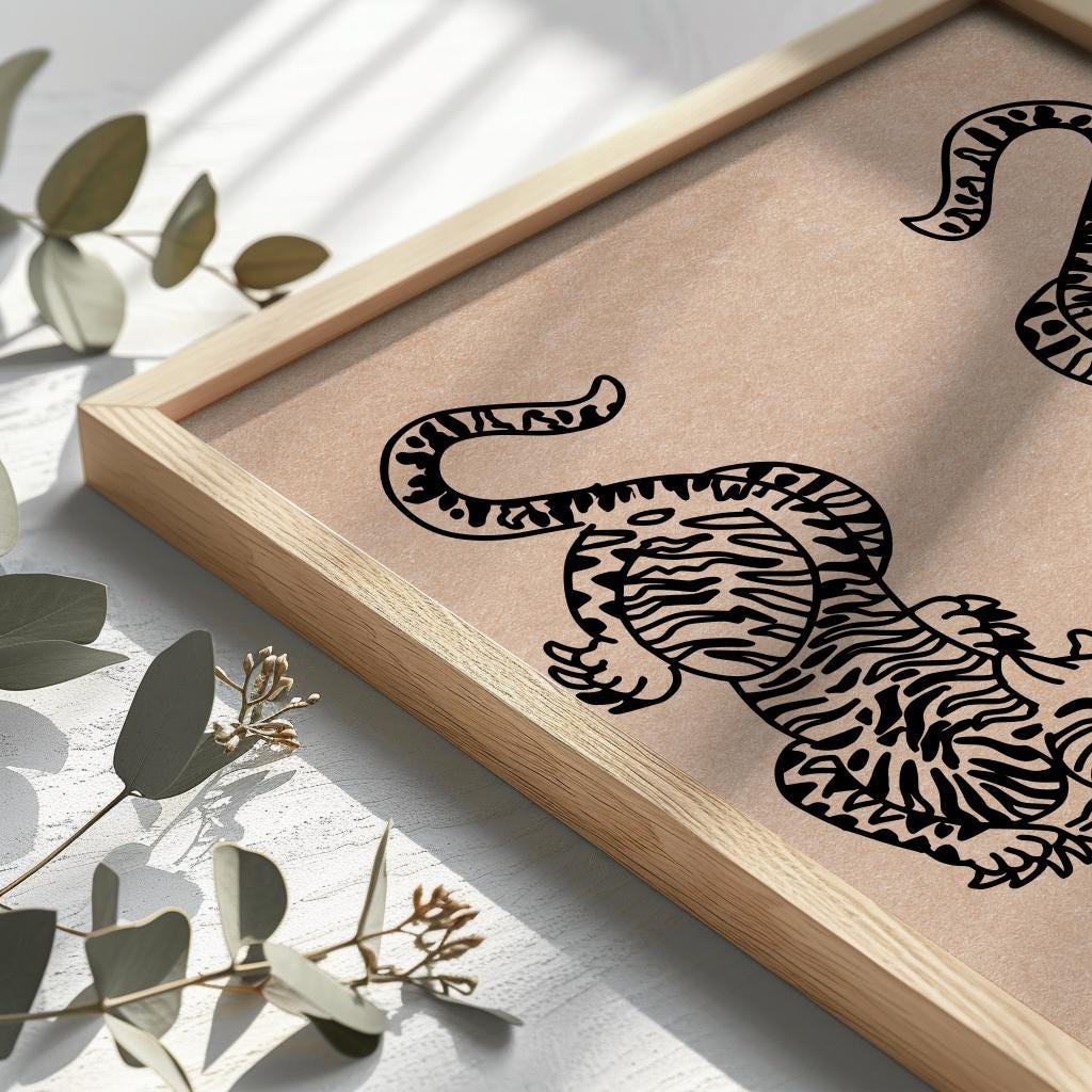 Minimalist Japanese Tiger Art Print – Twin Tiger Wall Art, Vintage Line Drawing Poster (Digital Download)