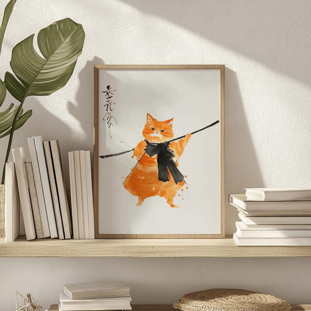 Japanese Samurai Cat Poster – Orange Watercolor Sumi-e Art Print (Digital Download)