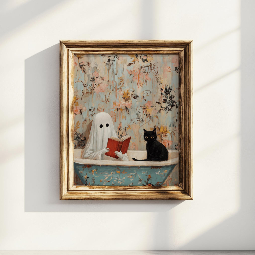 Ghost & Black Cat Bathtub Print – Cozy Spooky Wall Art (Digital Download)
