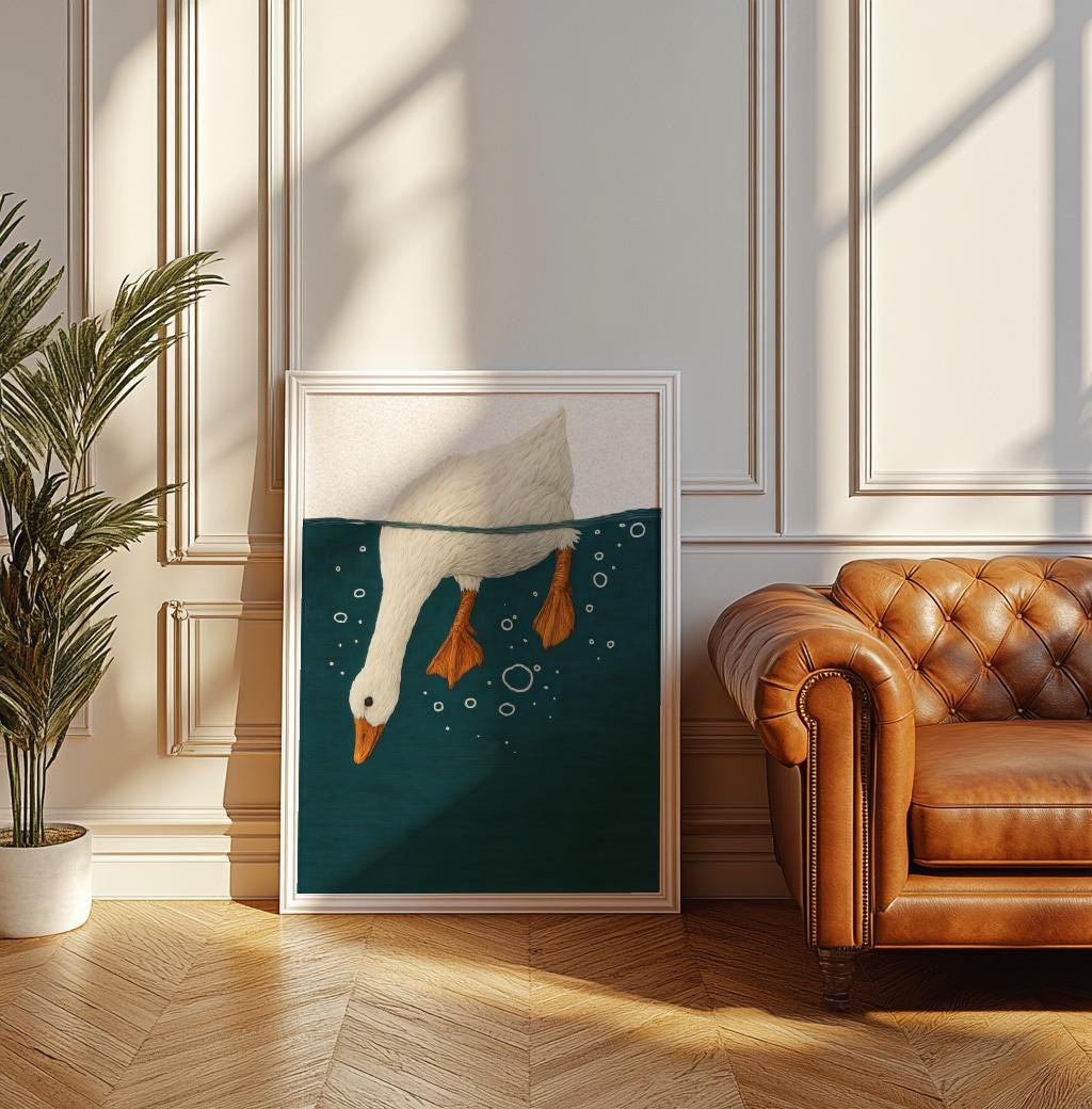 Whimsical Duck Underwater Art Print – Cute Bird Illustration, Nature Wall Decor (Digital Download)