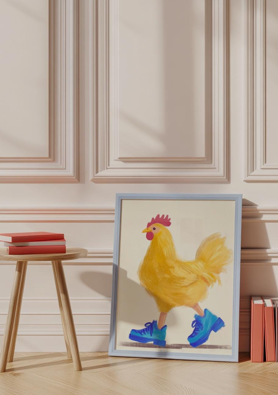Funny Chicken Art Print – Cute Yellow Hen in Blue Boots | Kids Room Wall Art (Digital Download)