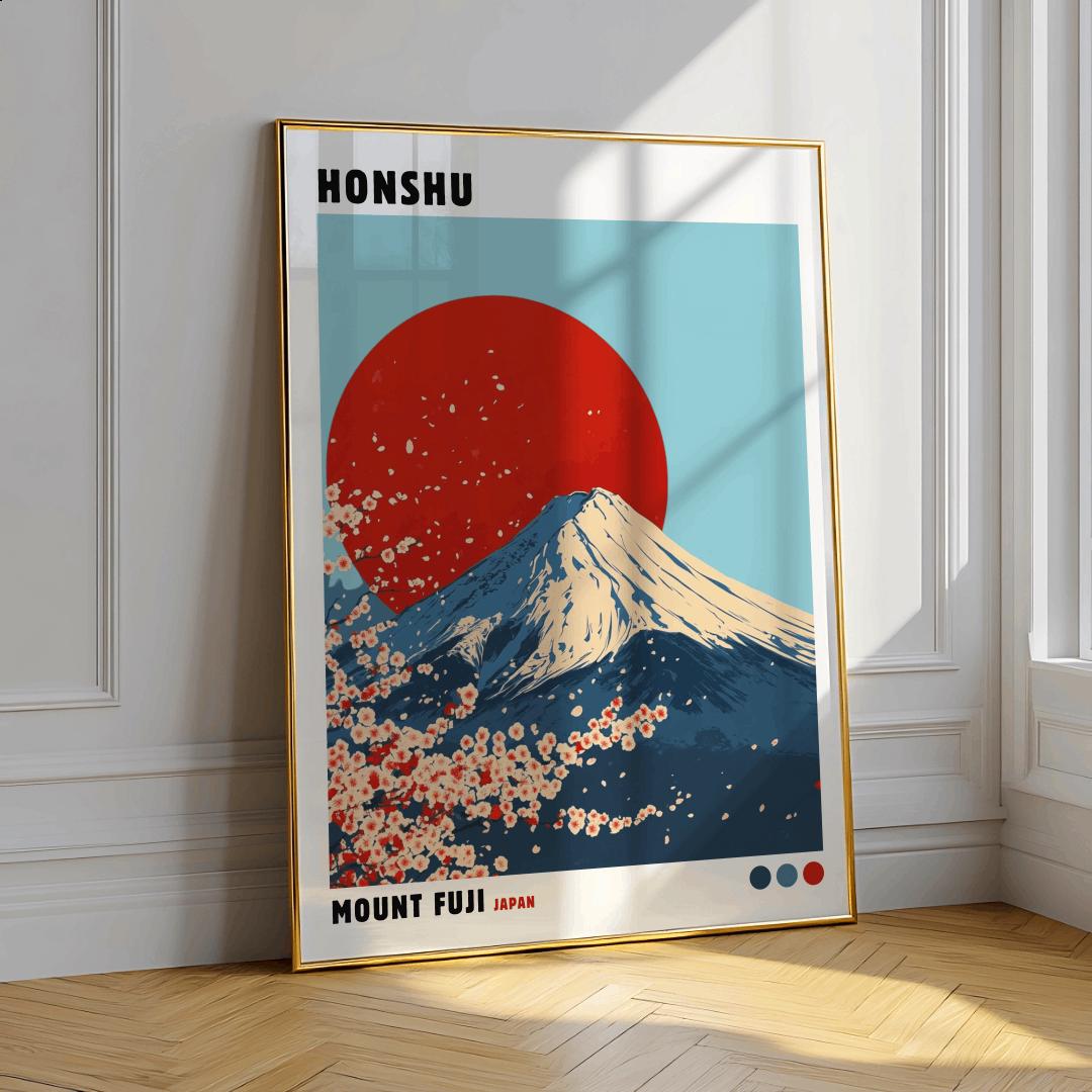 Mount Fuji Wall Art, Honshu Japan Poster, Japanese Landscape Print, Cherry Blossom Decor, Japandi Wall Art